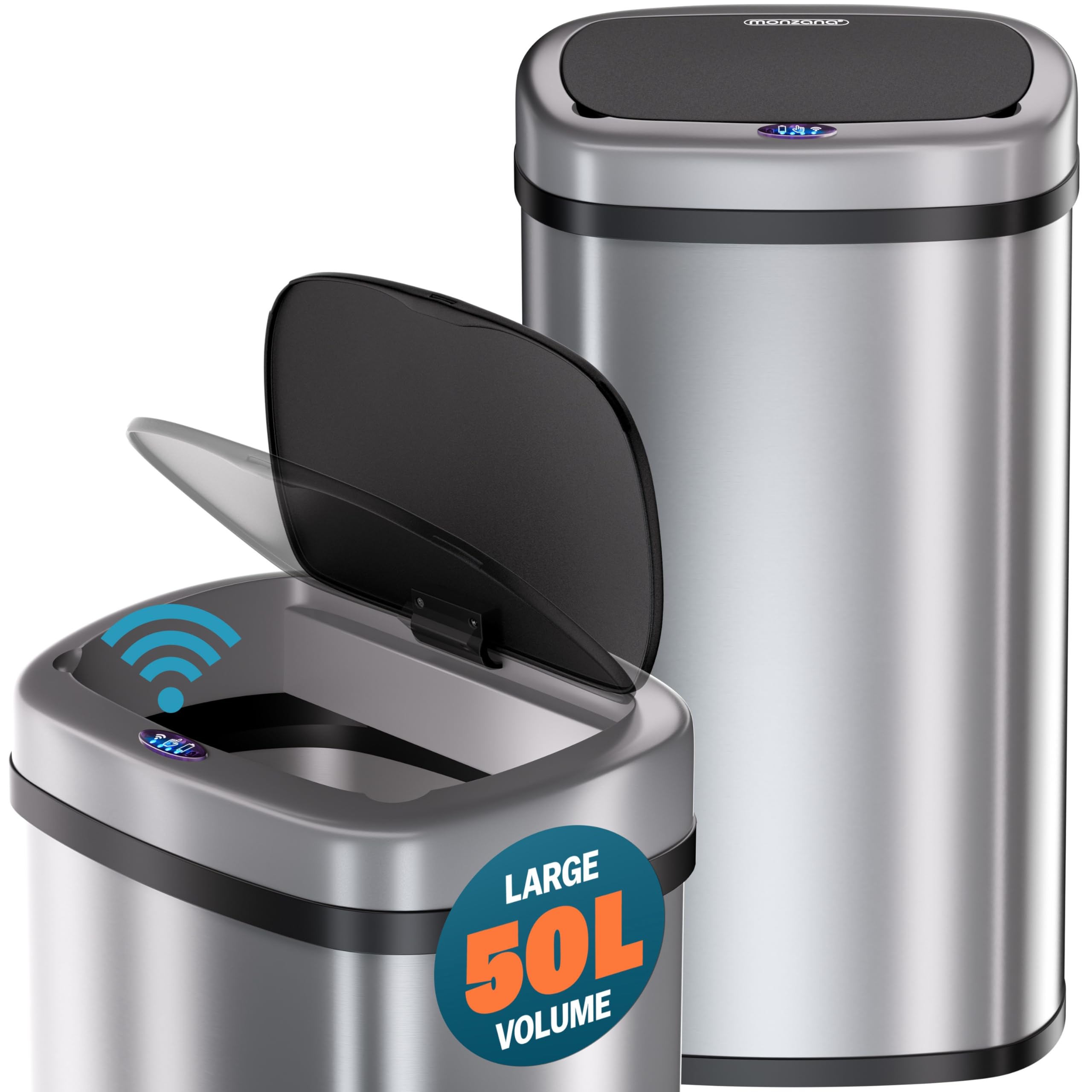 Monzanaยฎ 50 Litre Kitchen Bin with Automatic Opening Sensor, Silver Rectangular Stainless Steel, Soft Close Lid for Kitchen, Bathroom, or as Nappy Bin, Recycling Dustbin and Waste Bins, Home