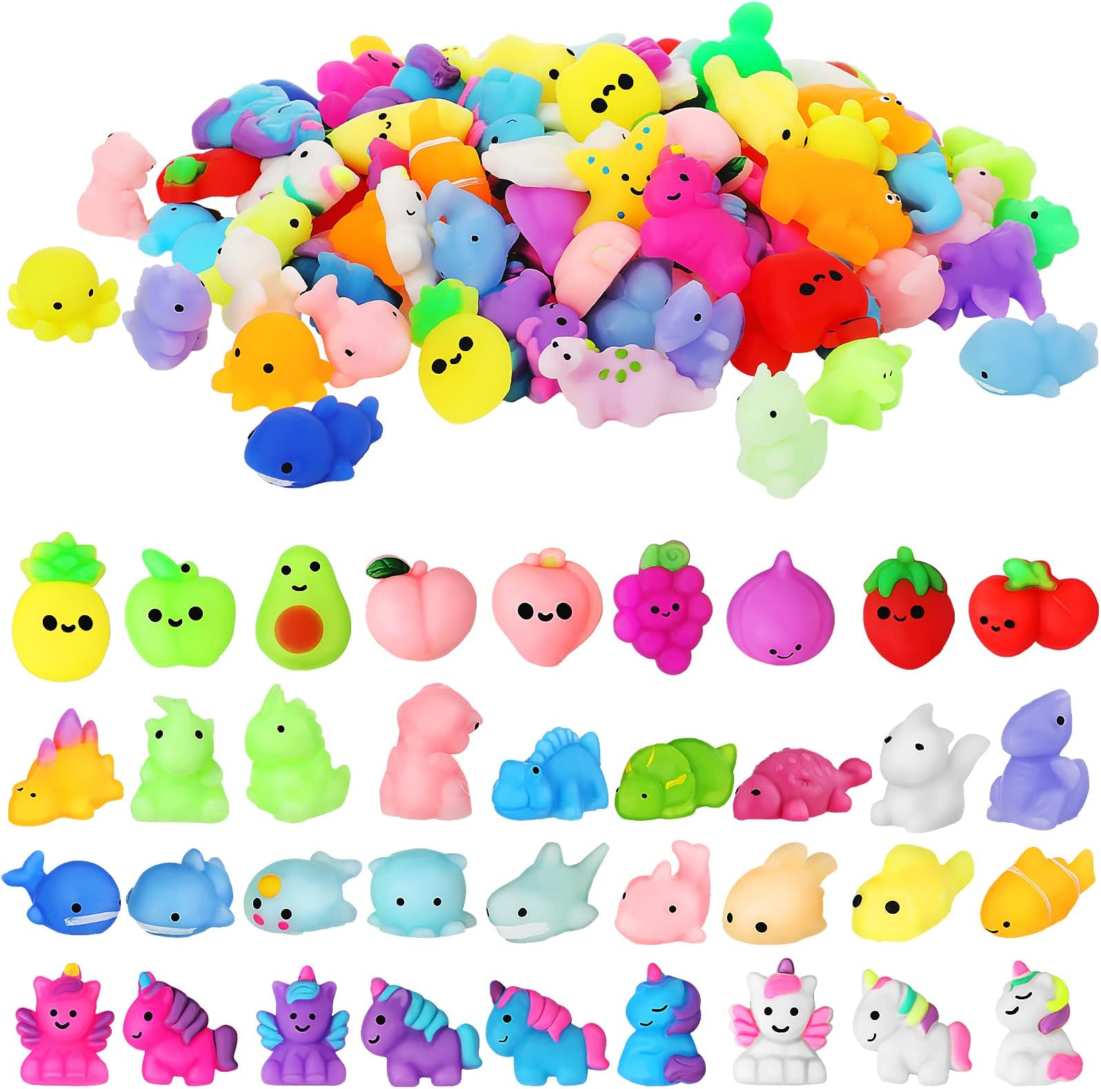 Sosation 200 Pcs Kawaii Toys Dinosaur Unicorn Sea Animals Fruit Stress Toy Birthday Party Favors Stuffers Goodie Bags Stress Toys for Party Favors Supplies