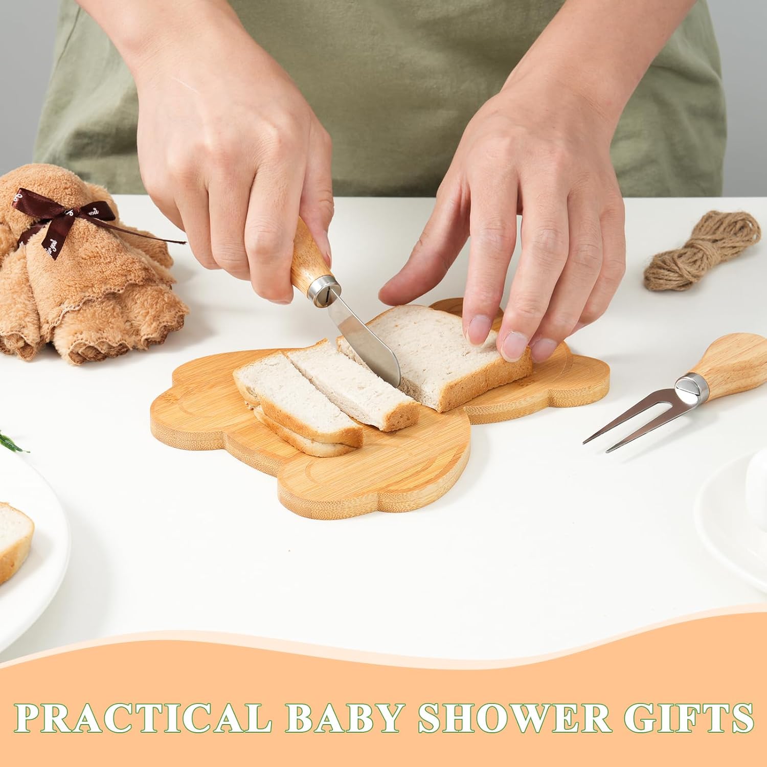 6 Sets Baby Shower Prizes for Game Winners Bear Shaped Bamboo Cheese Board with Knives, Towels, Gift Bags & Thank You Cards – 37Pcs Bridal Shower Favors for Guests