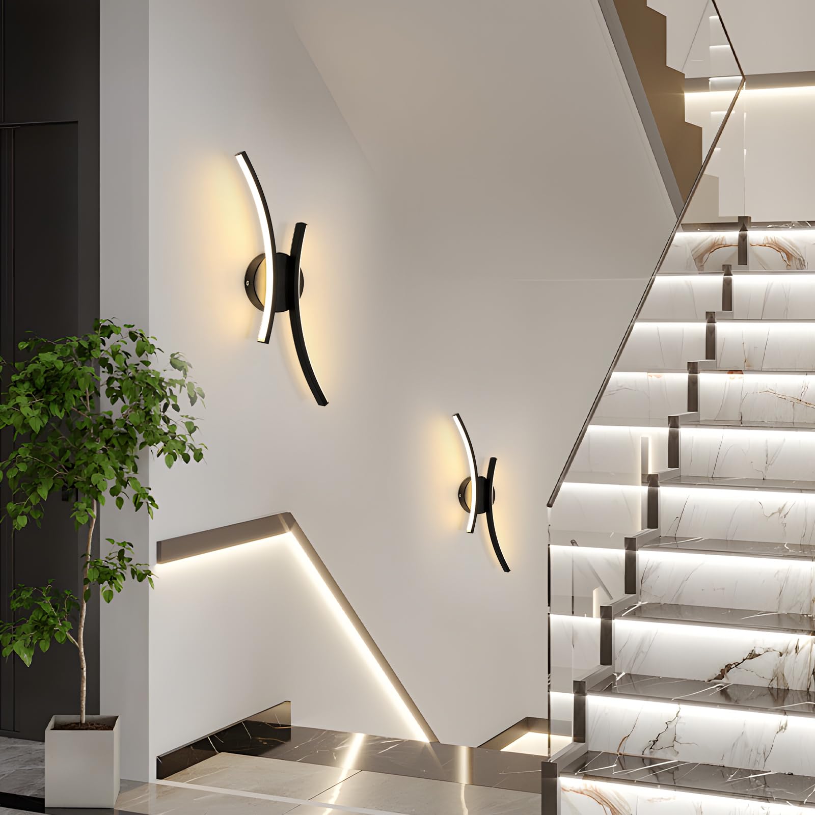 Applique Murale Intérieure LED, 20W 2250LM Noir Lampe Murale LED Chambre Créativité, 44.5CM Luminaire Mural Moderne en Aluminium pour Salon Cuisine Couloir Escalier, Blanc Chaud 3000K
