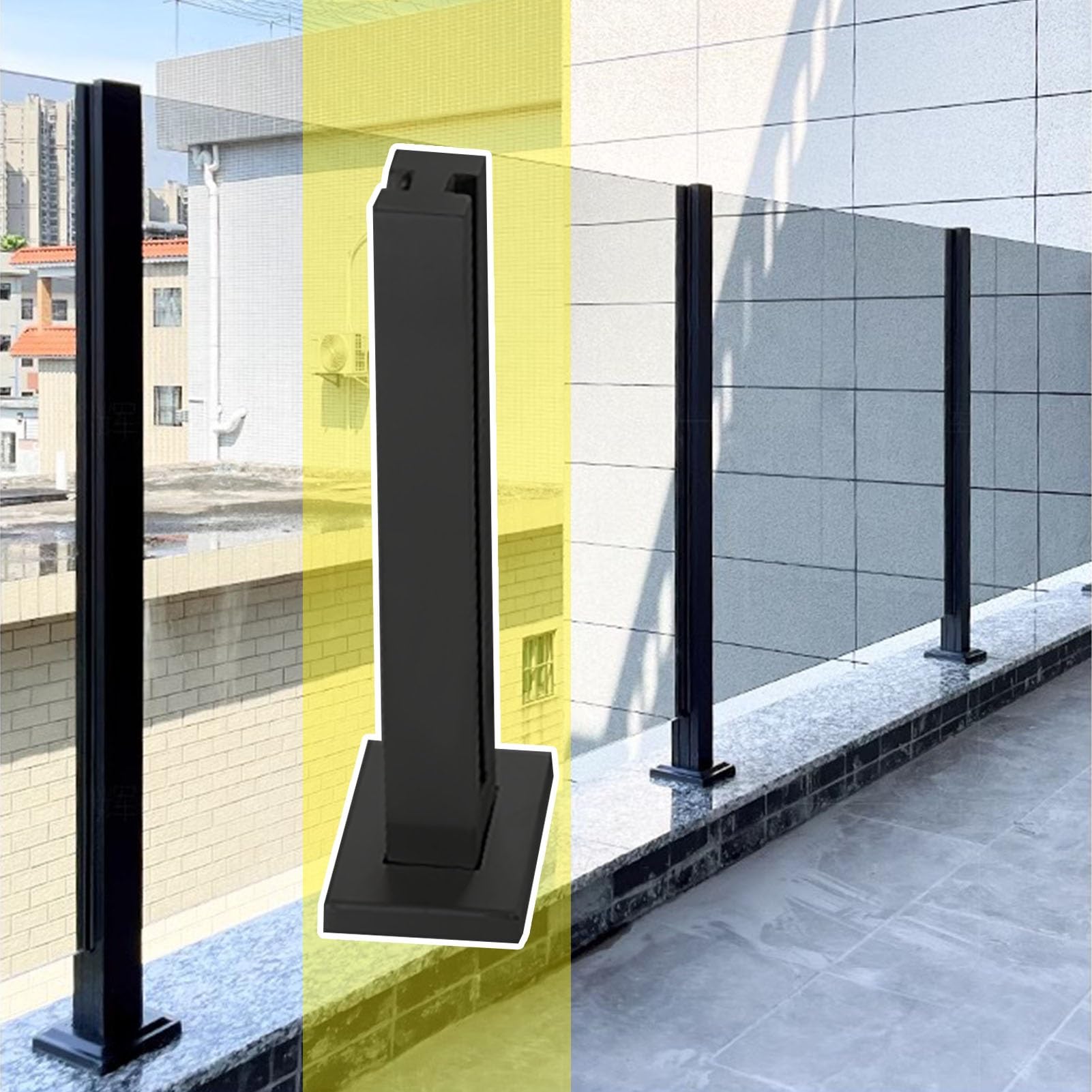 Aioneer Glass Railing Support Posts, Indoor & Outdoor Safety Balustrade System, Freestanding Metal & Glass Railing Stanchions - Perfect For Stairs & Balconies-Black Mid Post-H110cm/43.3