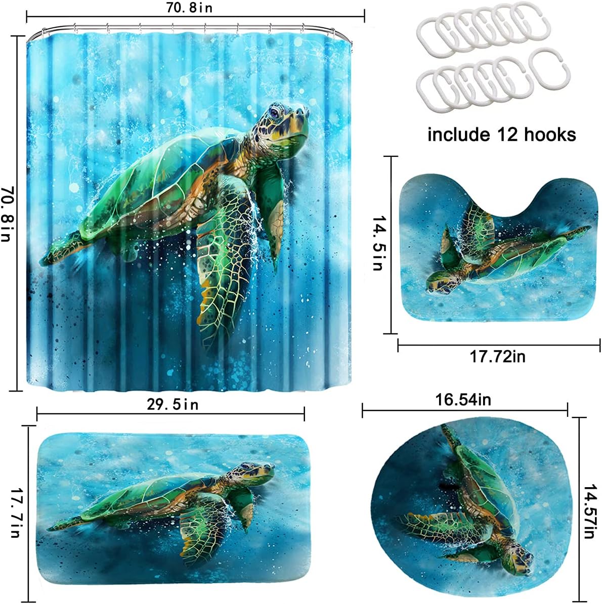 Sea Turtle Shower Curtain Sets, Bathroom Rugs and Accessories, Ocean Nautical Shower Curtain with 12 Hooks, Durable Waterproof Fabric Shower Curtain Set : Home & Kitchen