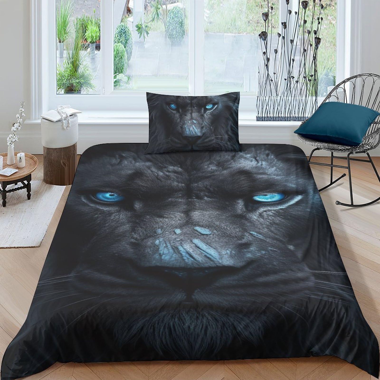 Linge de lit lion yeux bleus pour décoration de chambre d'adolescent