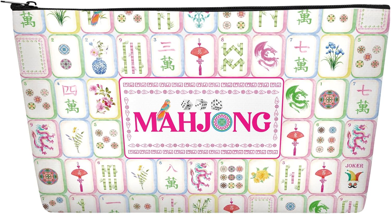 Empty Mahjong Tile Bag - Waterproof Blue Printed Storage Bags with Zipper for Standard Size American Mahj Pouch Chinoiserie Accessories New Year Birthday Gifts for Lover Player Friend