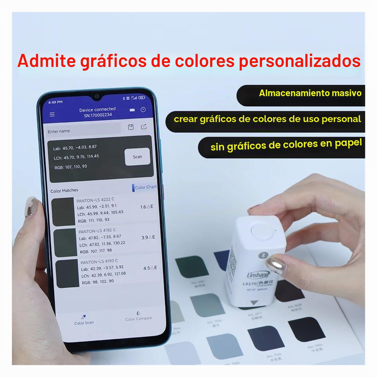 Colorímetro Digital portátil for recubrimientos, aplicación móvil, Pantone NCS Ral CMYK 45°/0°, más económico, LS170