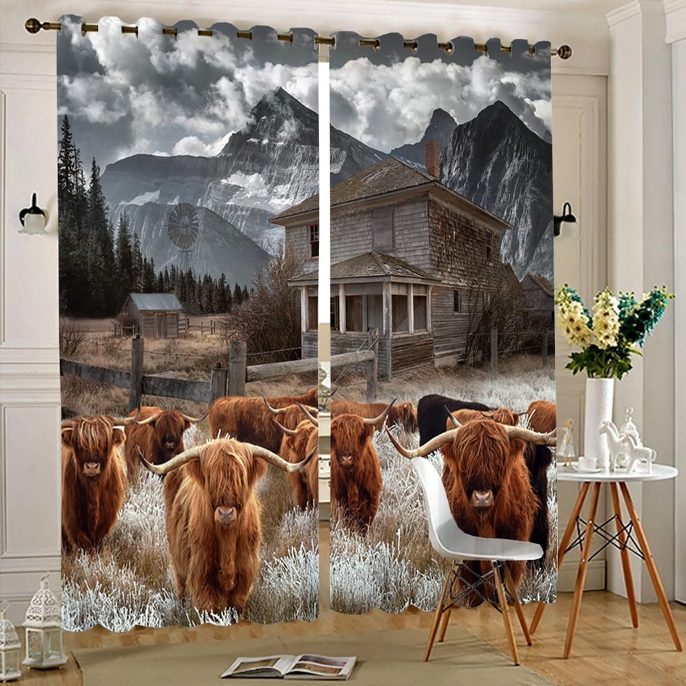 Rustic Misty Forest Highland Cow Curtains for Living Room Bedroom,Vintage Western Farmhouse Mountain Highland Cow Thermal Insulation Curtains Window Grommet Treatments- 2 Panels 63" L x 21" W