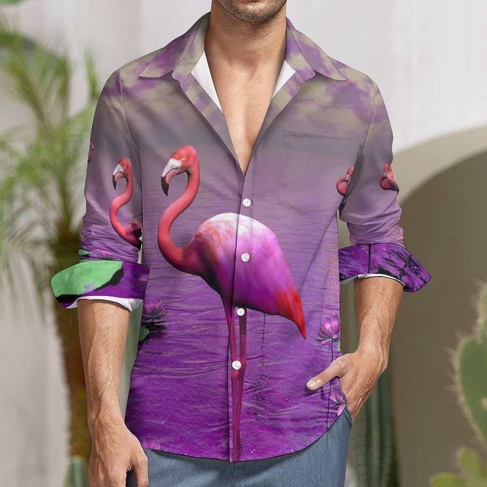 Amazon.co.jp: 美しいピンクのフラミンゴ メンズ長袖シャツ 快適な