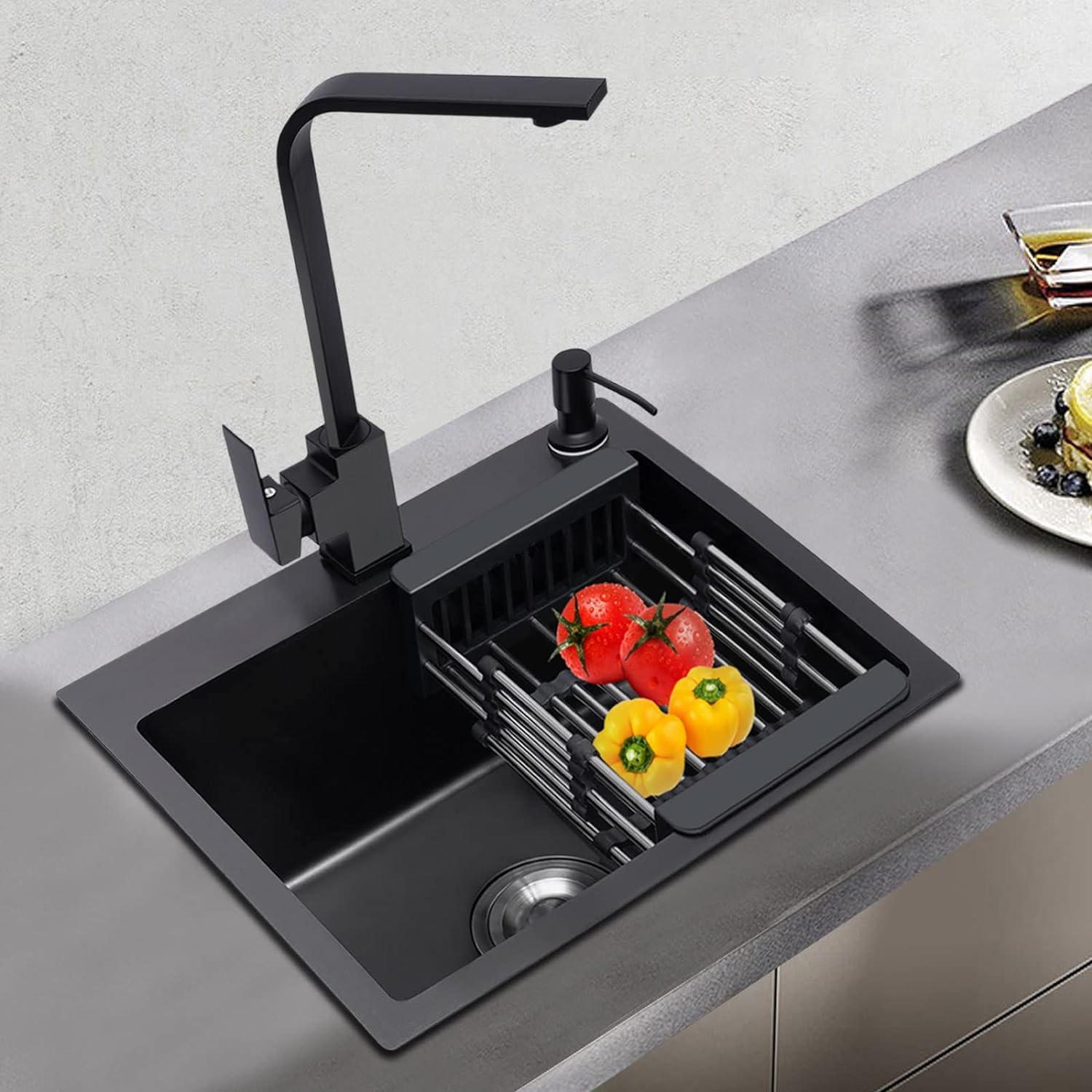 Spüle, Spülbecken Edelstahl mit Armatur Schwarz, Einbauspüle Küchenspüle Granitspüle für 45 cm Unterschrank, mit Küchenarmatur 360° Drehbar, Seifenspender, Über und Ablaufgarnitur