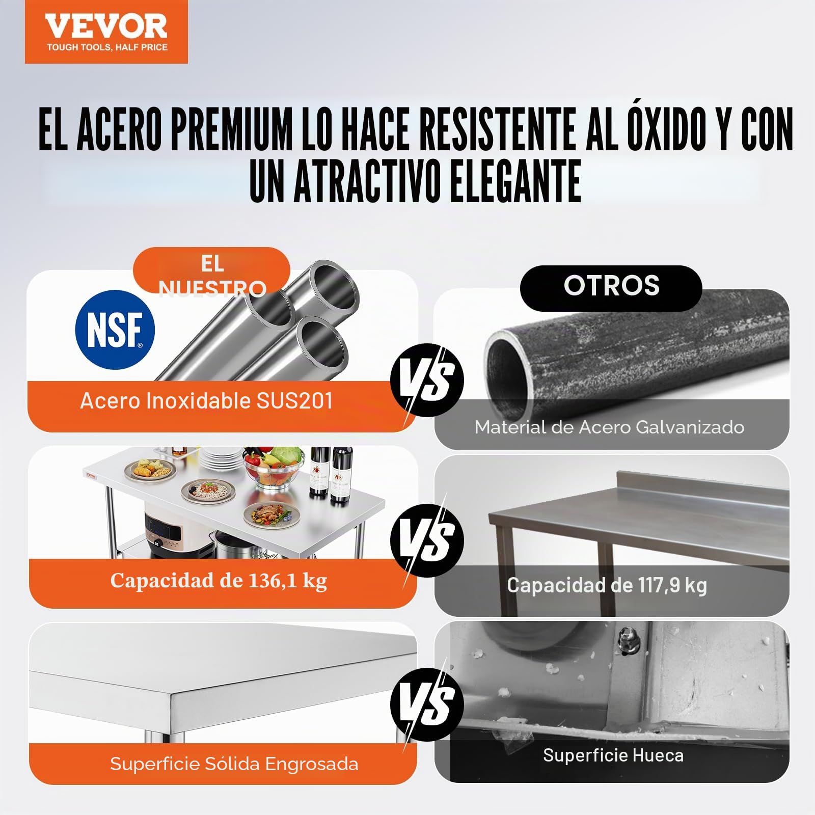 VEVOR Mesa de Trabajo Cocina 1220x610x850mm Mesa de Trabajo Plegable Acero Inoxidable con Estante Extraíble 350 kg Carga Mesa Acero Inoxidable con Pies Ajustables para Camping Cocina Comercial