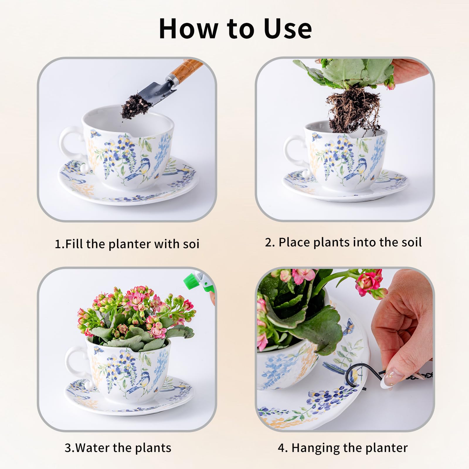 TEATALK Jardinières suspendues pour plantes d'intérieur, pot de fleurs à suspendre avec chaîne, 16 cm, pots de fleurs suspendus pour jardin, maison, pot de fleurs en céramique (fleurs oiseaux)