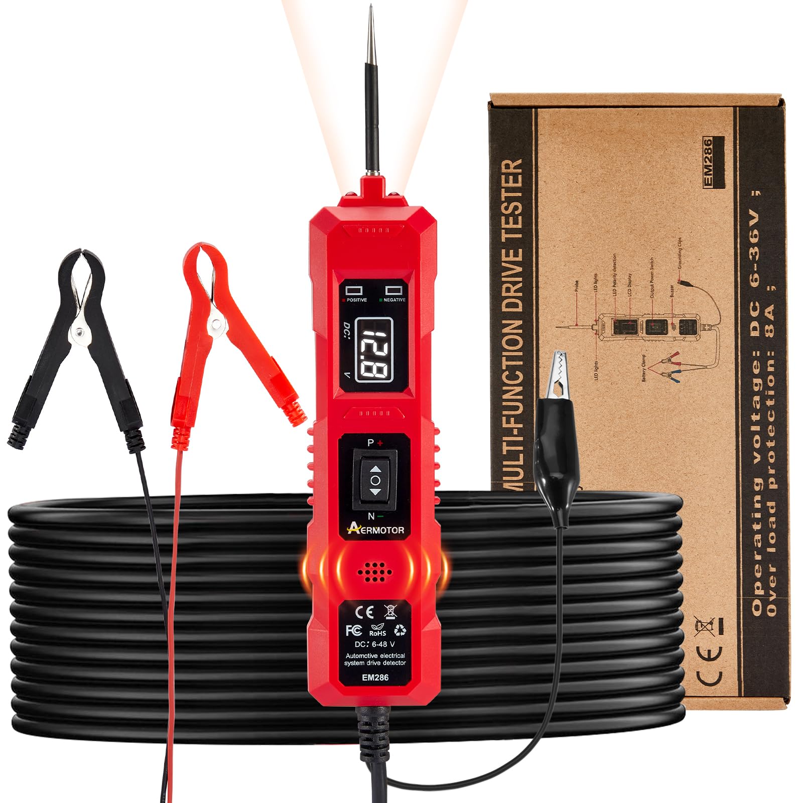 CarBole Probador de Circuito Eléctrico 6-48V,Con Sonda LED,Cable 4m (13 Pies),Protección Contra Sobrecargas,Probador de Cortocircuitos,Identificación de Polaridad