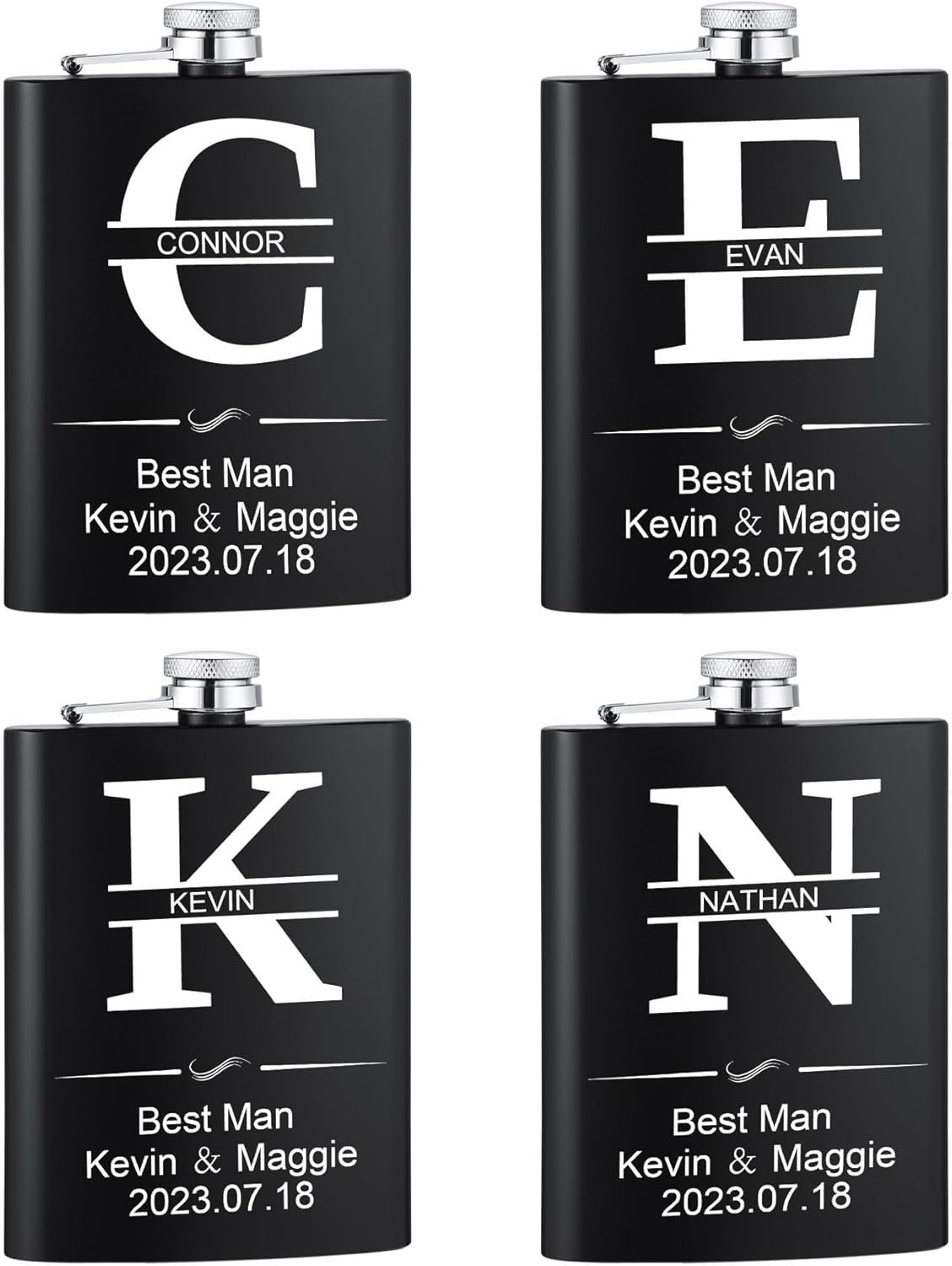 Personalized Liquor Flask for Men Customized 3pcs 6oz Stainless Steel Whiskey Flask Set with 3pcs Funnel Customized Engraved Initial Silver/Black Hip Flask for Father Boyfriend Groomsmen Gifts