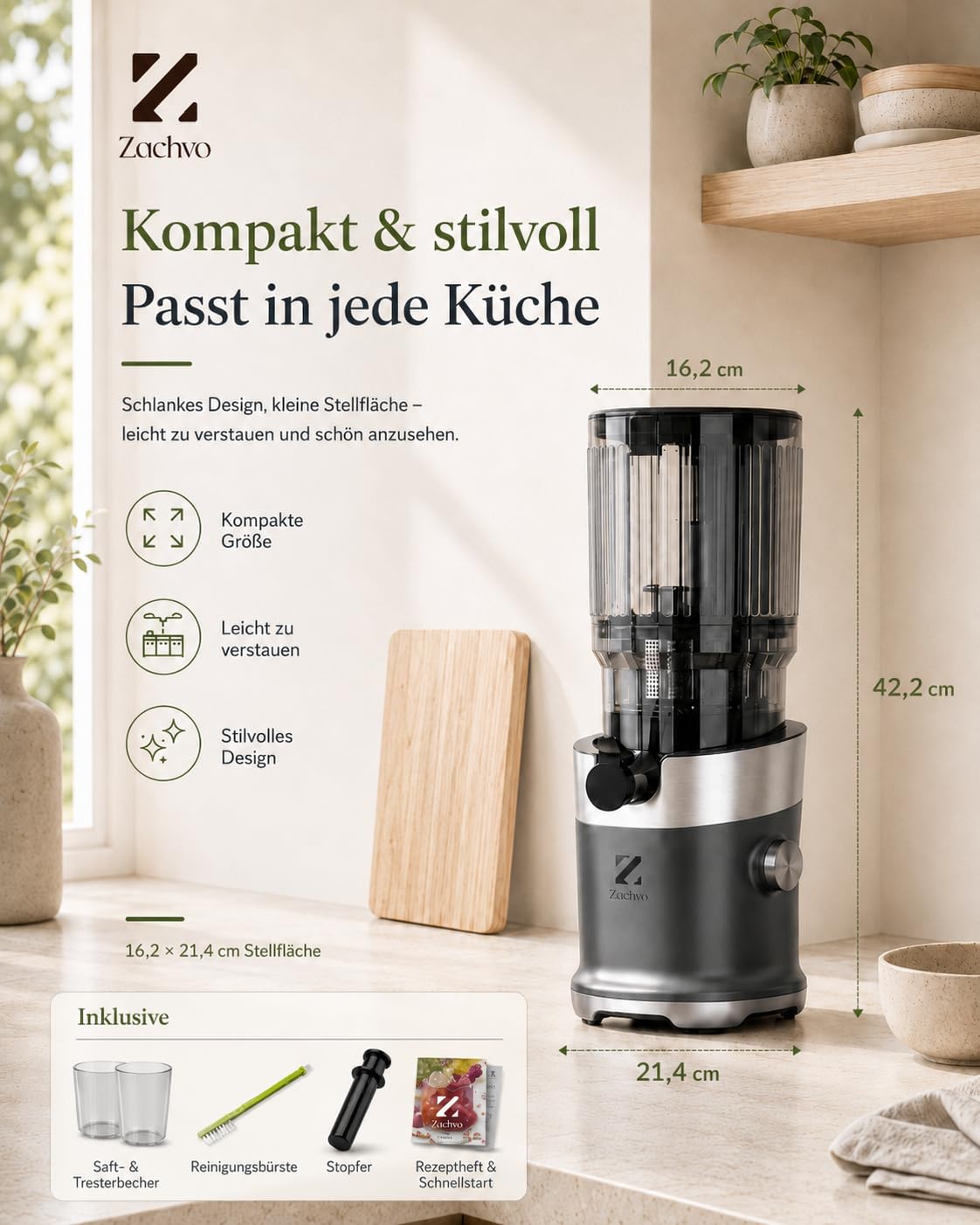 Slow Juicer Entsafter BPA-frei Tritan 130 mm Einfüllöffnung 1,5 L Kaltpress-Saftpresse 220 W