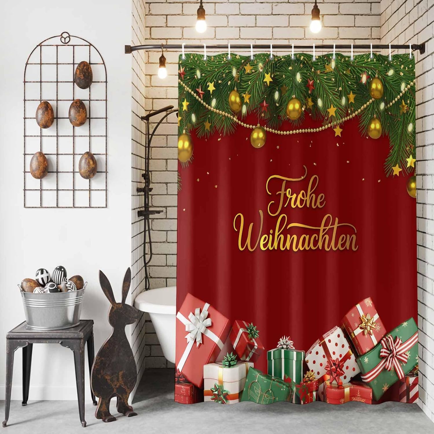 Merry Christmas Waterproof Shower Curtains Set - Small Shower Curtain 36 x 78 Inch, Winter Xmas Gifts Pine Tree Light Balls Fabric Bathroom Curtain with 12 Hooks, Bathroom Accessories