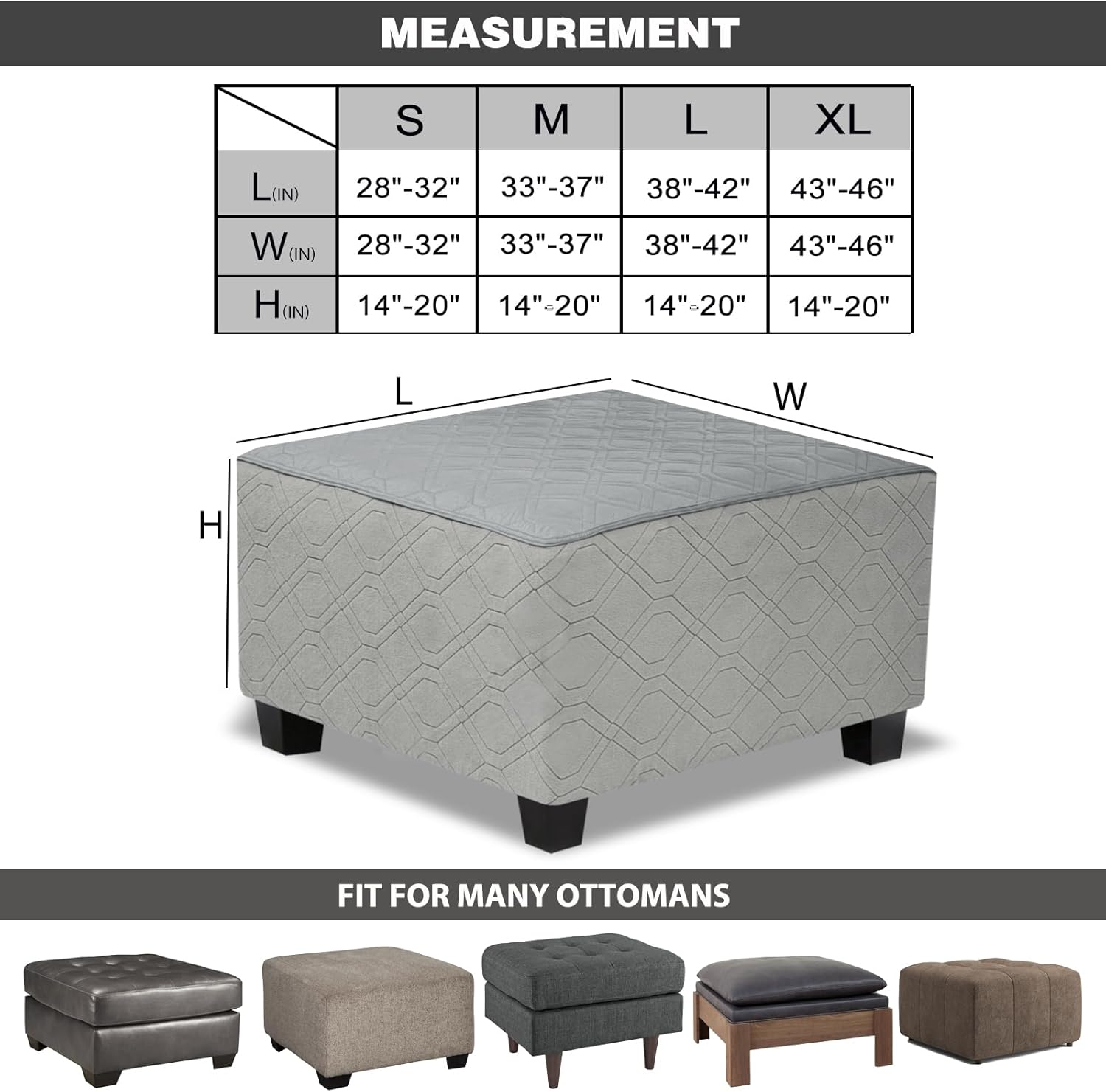 Ottoman Cover Square,Waterproof Square Ottoman Covers Thick Slipcover for Living Room,Washable Storage Footstool Furniture Protector for Dogs,Pets,Light Grey,X-Large