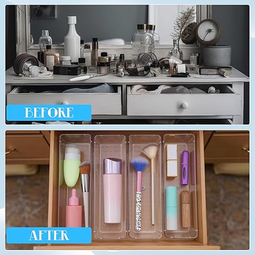 Miniatura 4 de Organizador de cajones de plástico transparente de 9 x 3 x 2 pulgadas, para cocina, baño, nevera, utensilios, tocador, cajón, bandeja organizadora