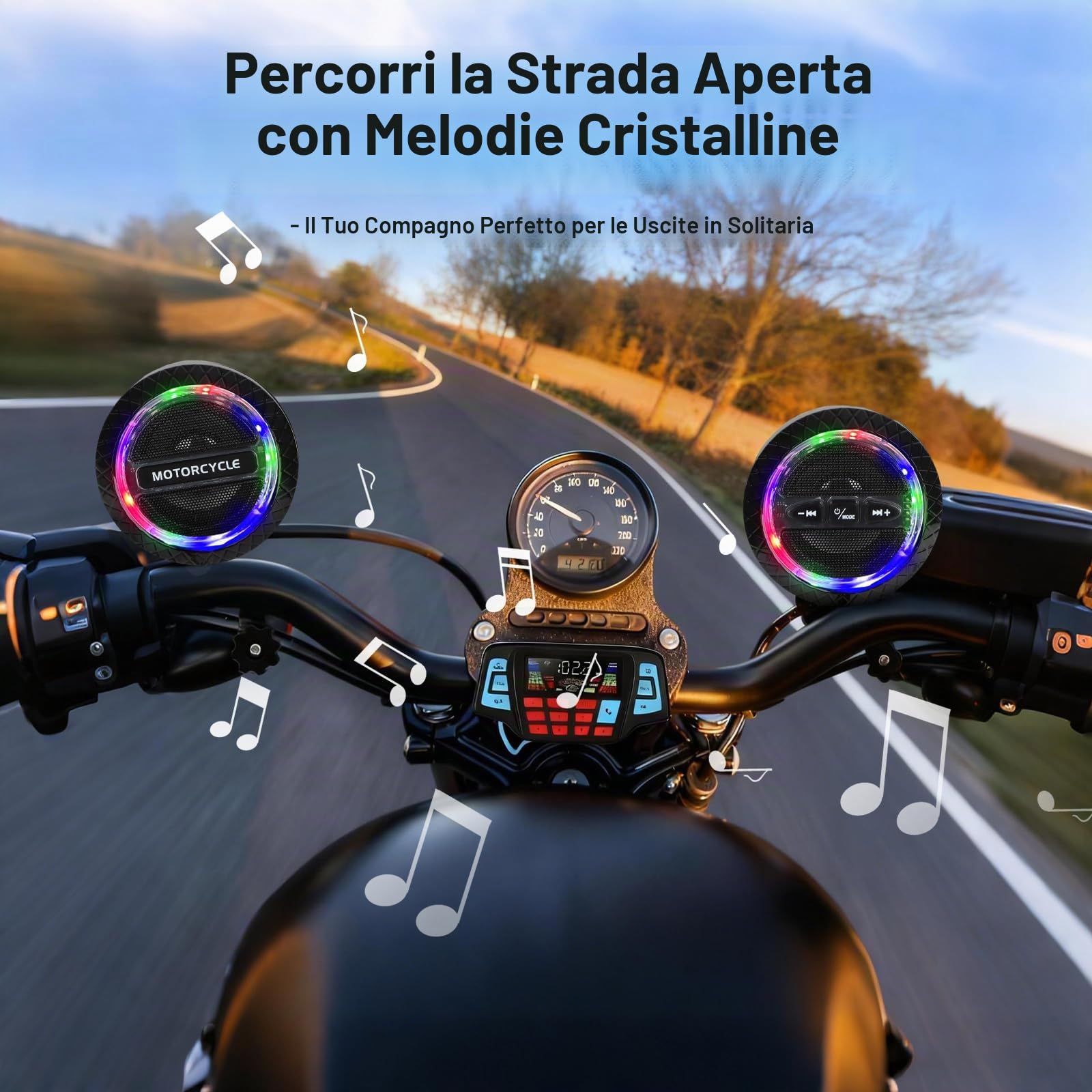 Qivine Altoparlante RGB impermeabile per manubrio di moto, 2 x 20 W, luci LED sincronizzate con la musica, Bluetooth/FM/USB, audio potente a 2 canali, sistema audio per moto, suono