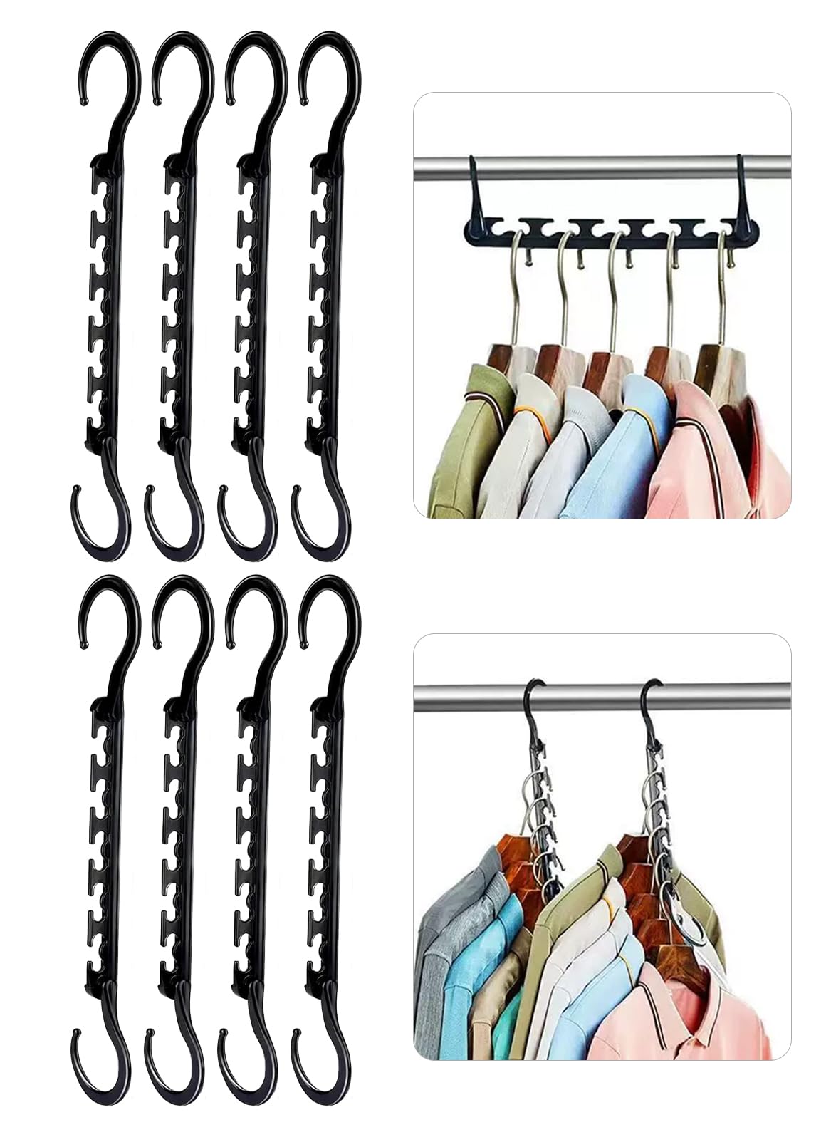 Perchas que ahorran espacio, 8 unidades Magic Hangers con 5 agujeros y ganchos giratorios de 360°, organizador de perchas para guardar la ropa, perchas de plástico resistentes, color negro