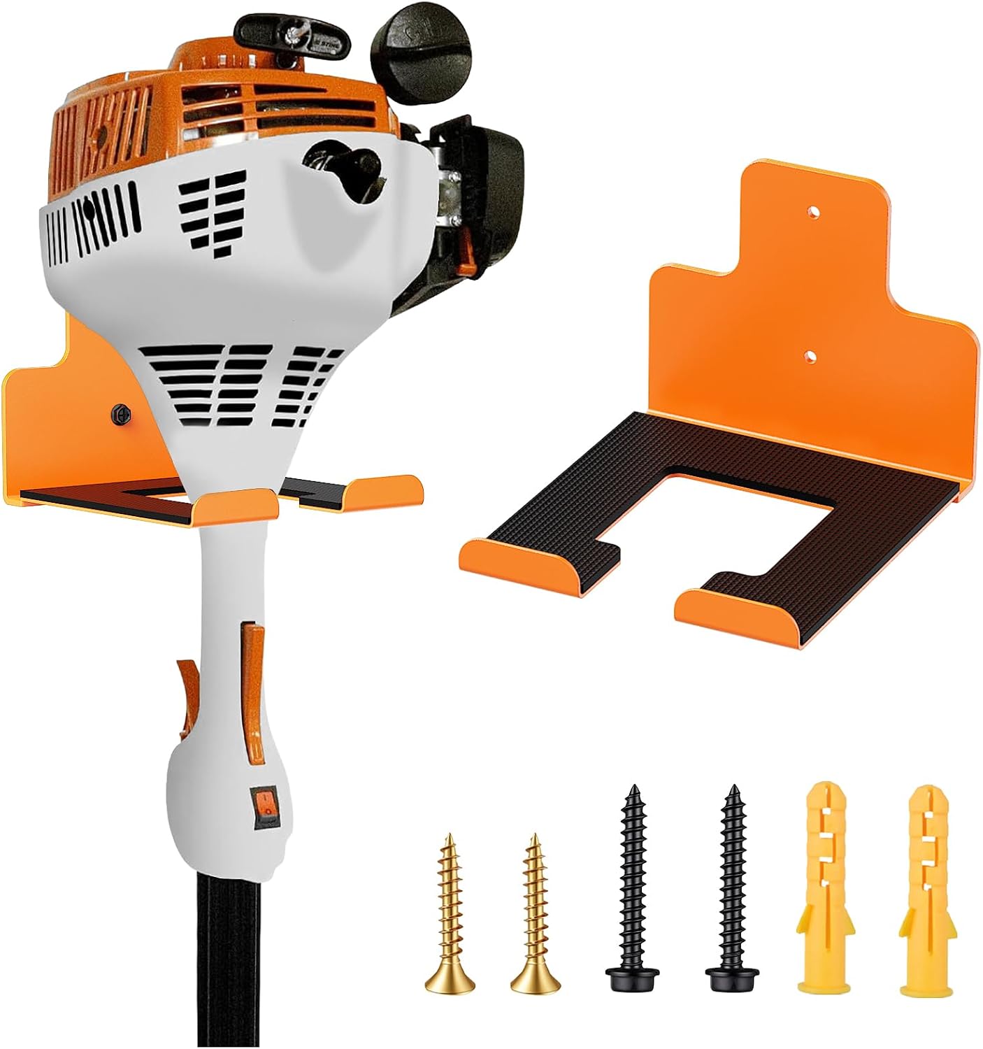 Wall-Mounted Weed Wacker Hanger, Garage Tool Organizer, 2 Pack Orange | Heavy-Duty Metal Hanger Rack for Drywall Brick Wood, Holds String Trimmers Edgers Pole Saws and Long Handle Garden Tools