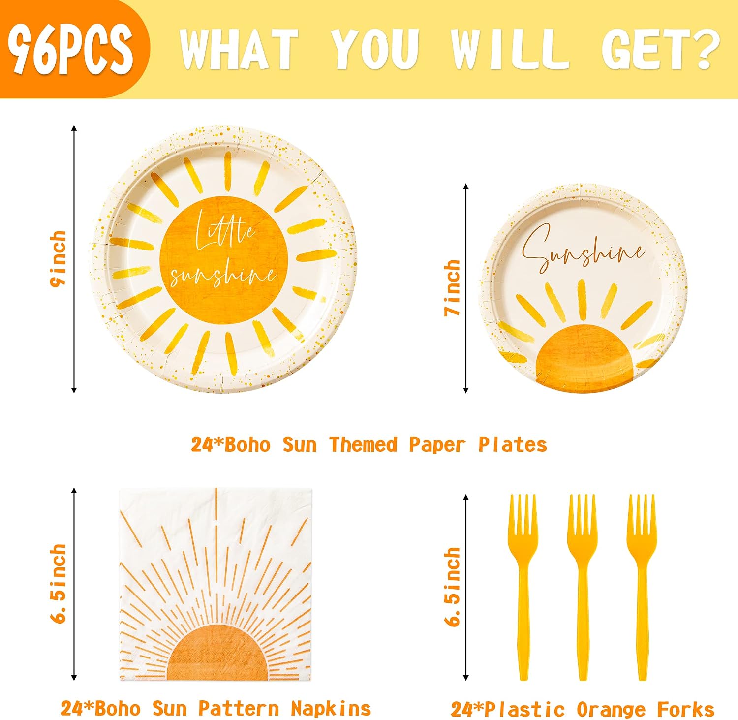 96Pcs Boho Sun Party Plates Supplies First Trip Around The Sun Party Tableware Decorations Disposable Paper Plates Napkins Forks for Kids Birthday Baby Shower, Serves 24 Guests