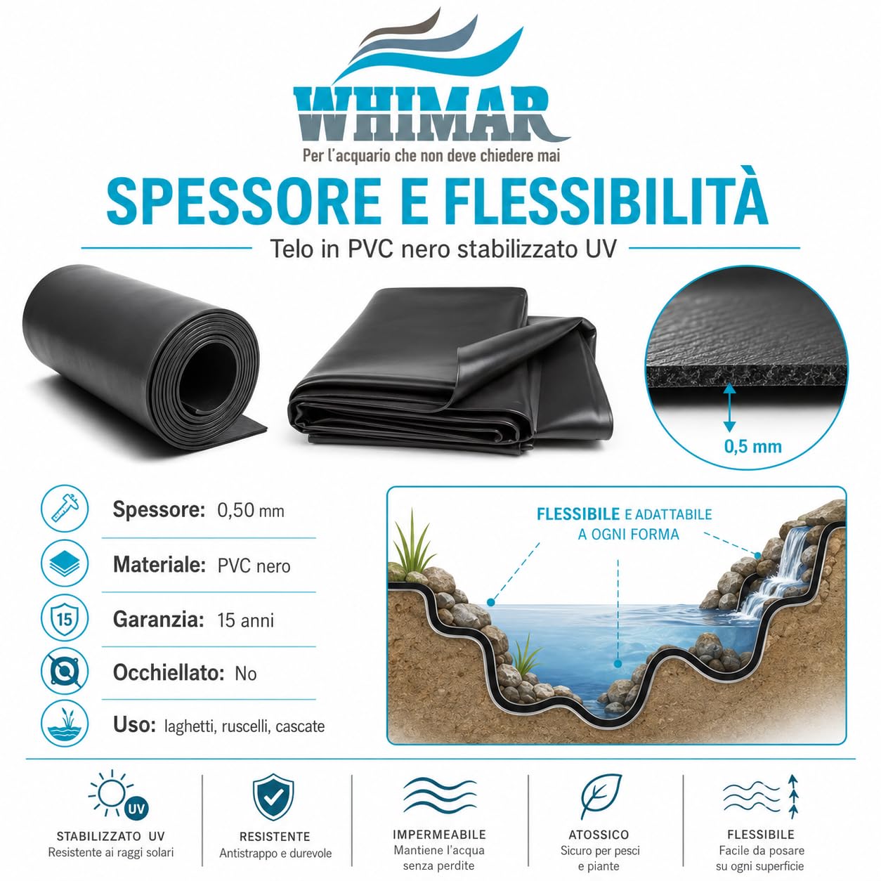 Telo per Laghetto o stagno in PVC Nero Realizzato con rinforzo interno, Atossico, Flessibile, Resistente al gelo e Stabilizzato UV Spessore mm0,5 - Made in Germany - Varie misure (8x8 m - 0,5 mm)