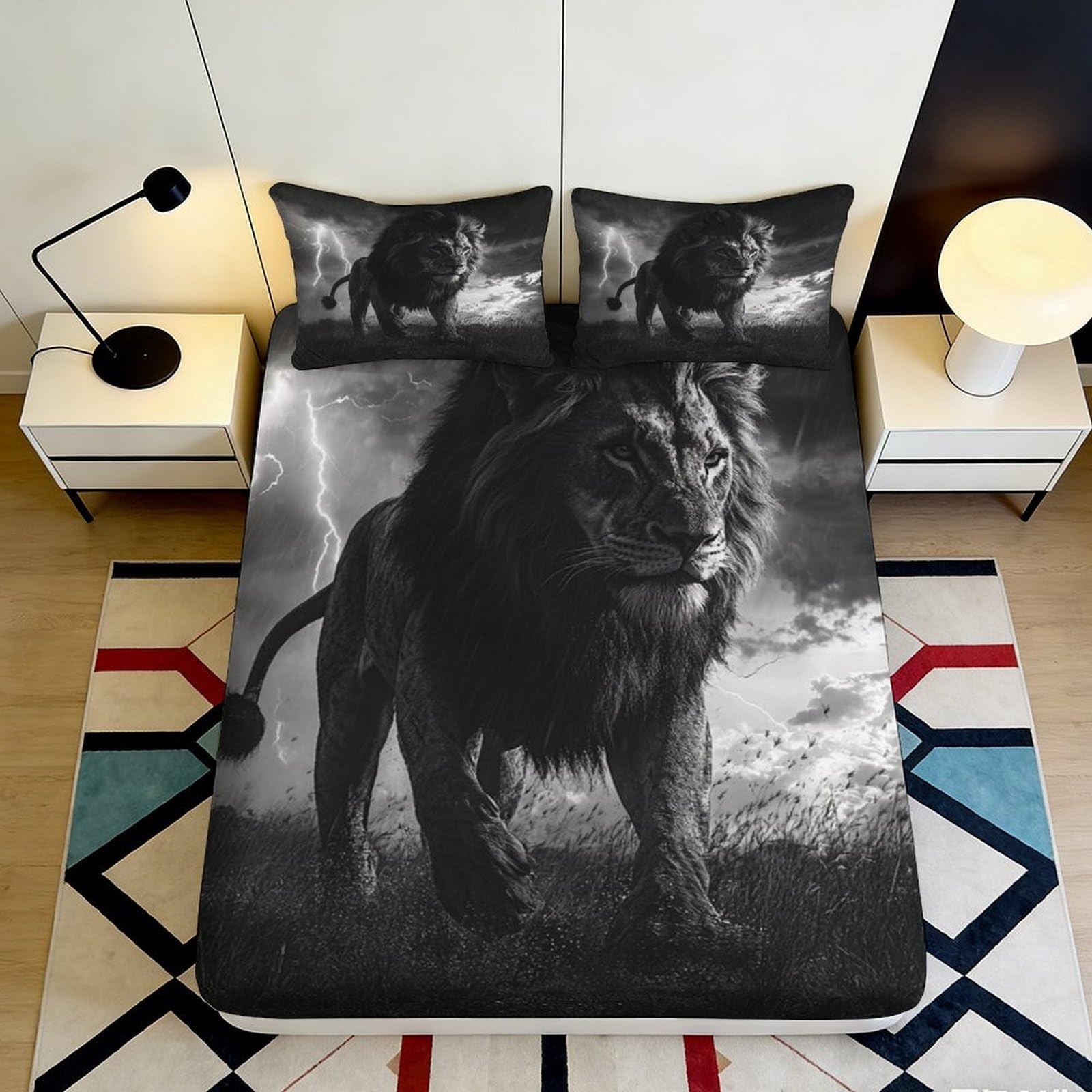 3D Printed Black Lion Fitted Sheet Microfiber Soft Slip-Resistant Jungle King Bed Cover for Bedroom Dorm Mattress Decor 90x200x25cm