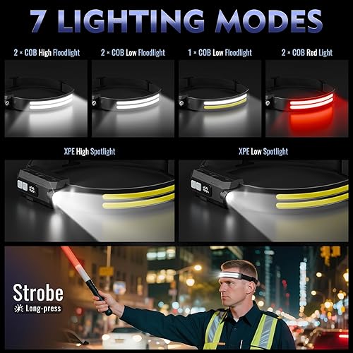 Vista 4 de Linterna frontal LED recargable con luz roja, paquete de 2 unidades, luces de cabeza de haz ancho de 230° para frente, lámpara de cabeza de 7 modos