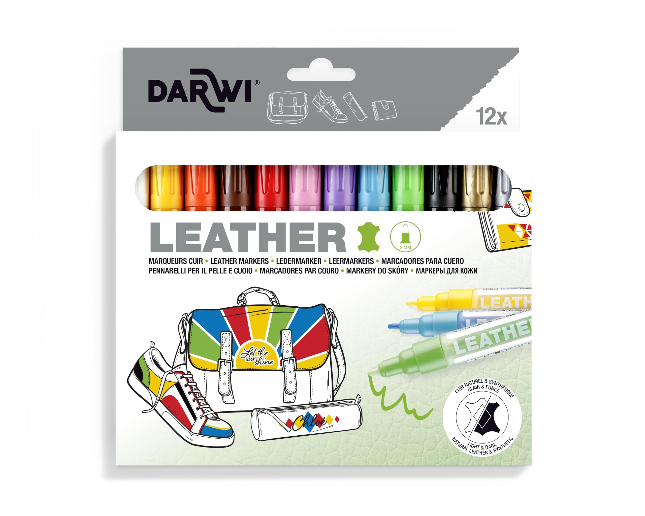 Darwi DA0420012K01C Set de 12 Marqueurs Pour Cuir Assortis Pointe 2mm - 6ML
