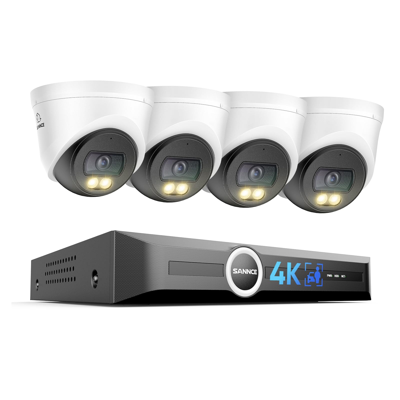 SANNCE Kit Surveillance PoE 4K, 8MP NVR 8 Canaux, Caméras Extérieures, Masquage Confidentialité, Détection Humaine/Véhicule, Vision Nocturne Couleur (4* Caméras + NVR)
