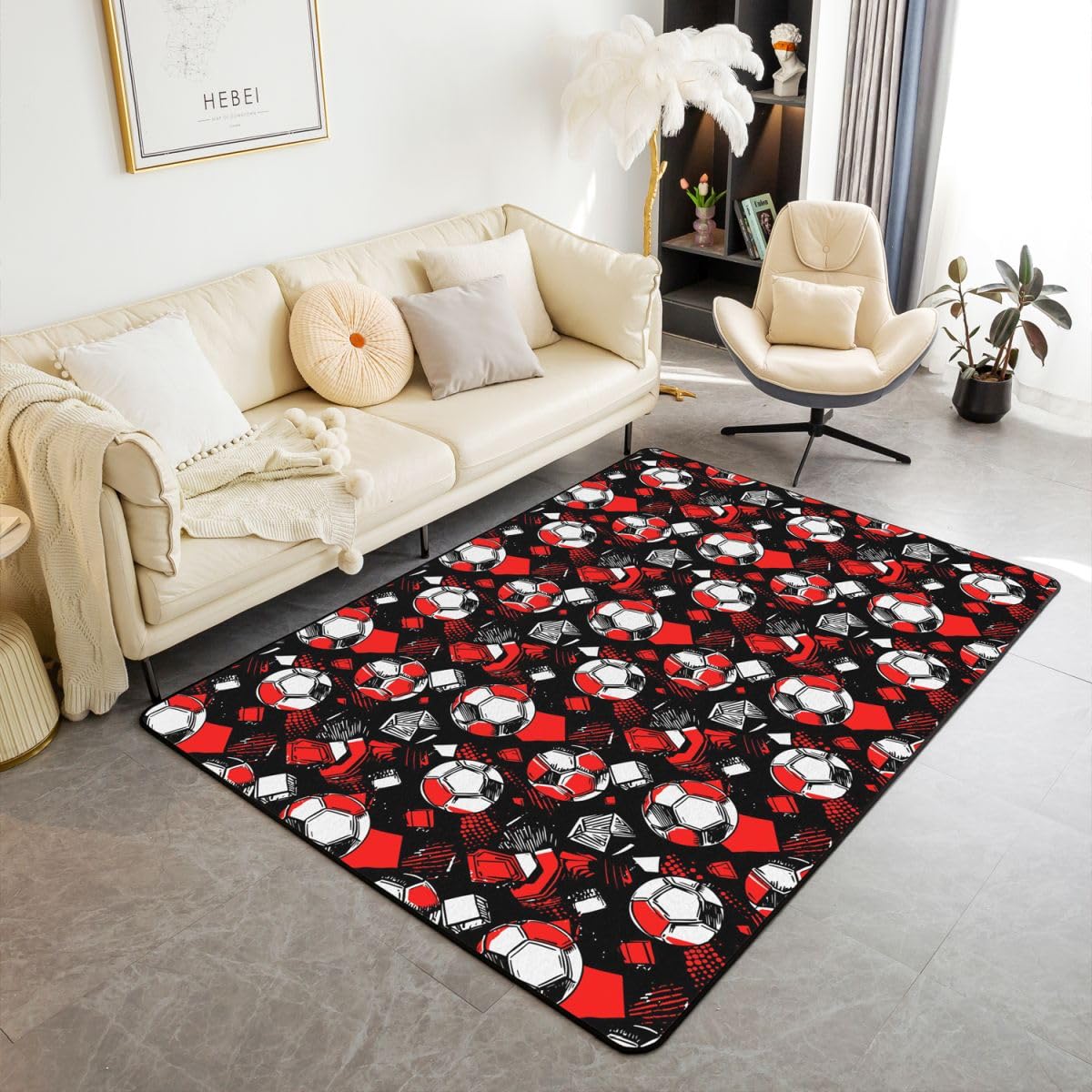 Homewish Dywaniki do piłki nożnej 100 x 150 cm - piłka nożna piłka nożna dywan salon gra sportowa nie gubi włosia dywan czarny i czerwony patchwork duże dywany
