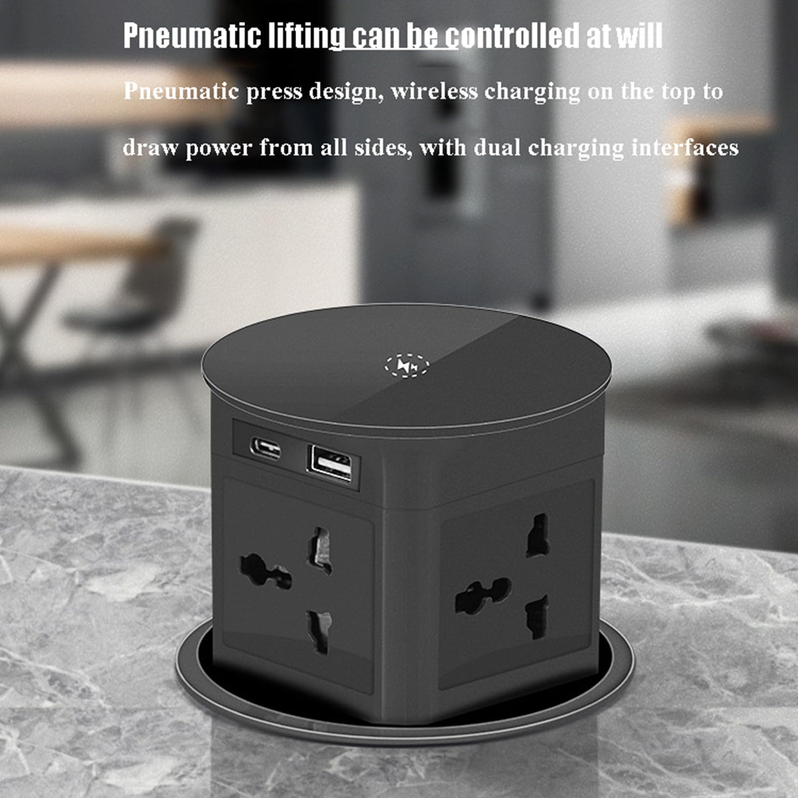 La presa multipla di ricarica wireless USB incorporata con presa di sollevamento pneumatica da 2500 W è adatta per ripiani della cucina e desktop da ufficio,White