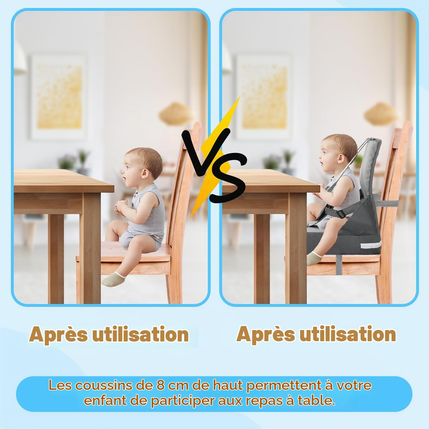 Rehausseur de chaise pour enfant, harnais à 5 points, pliable, coussin d'assise portable avec dossier, imperméable et facile à nettoyer, sac de rangement inclus, gris