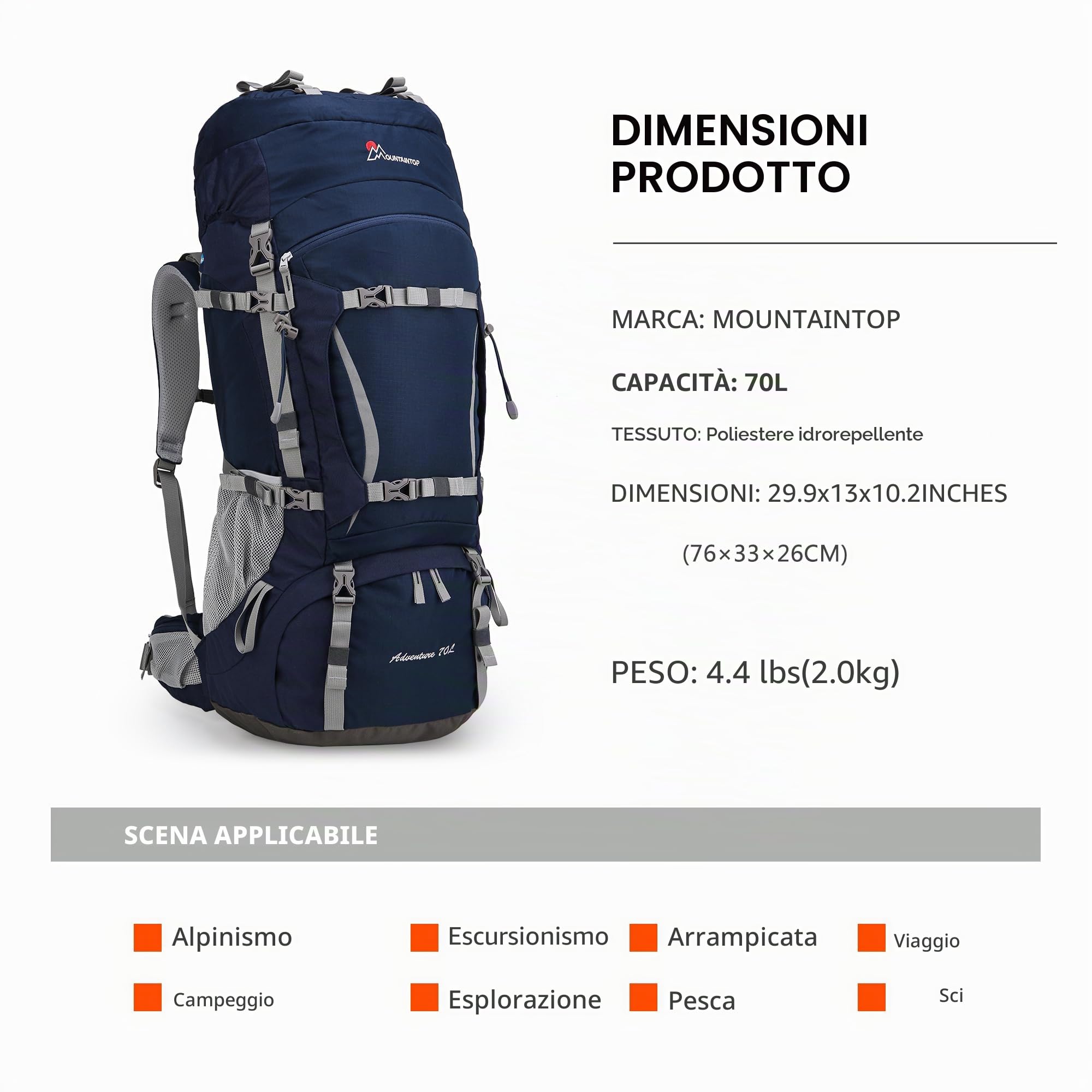 MOUNTAINTOP 70L Zaino da Trekking Donna e Uomo Zaino da Campeggio Impermeabile Zaino Escursione Unisex con Copertura di Pioggia per Viaggio, Hiking, Montagna, Alpinismo