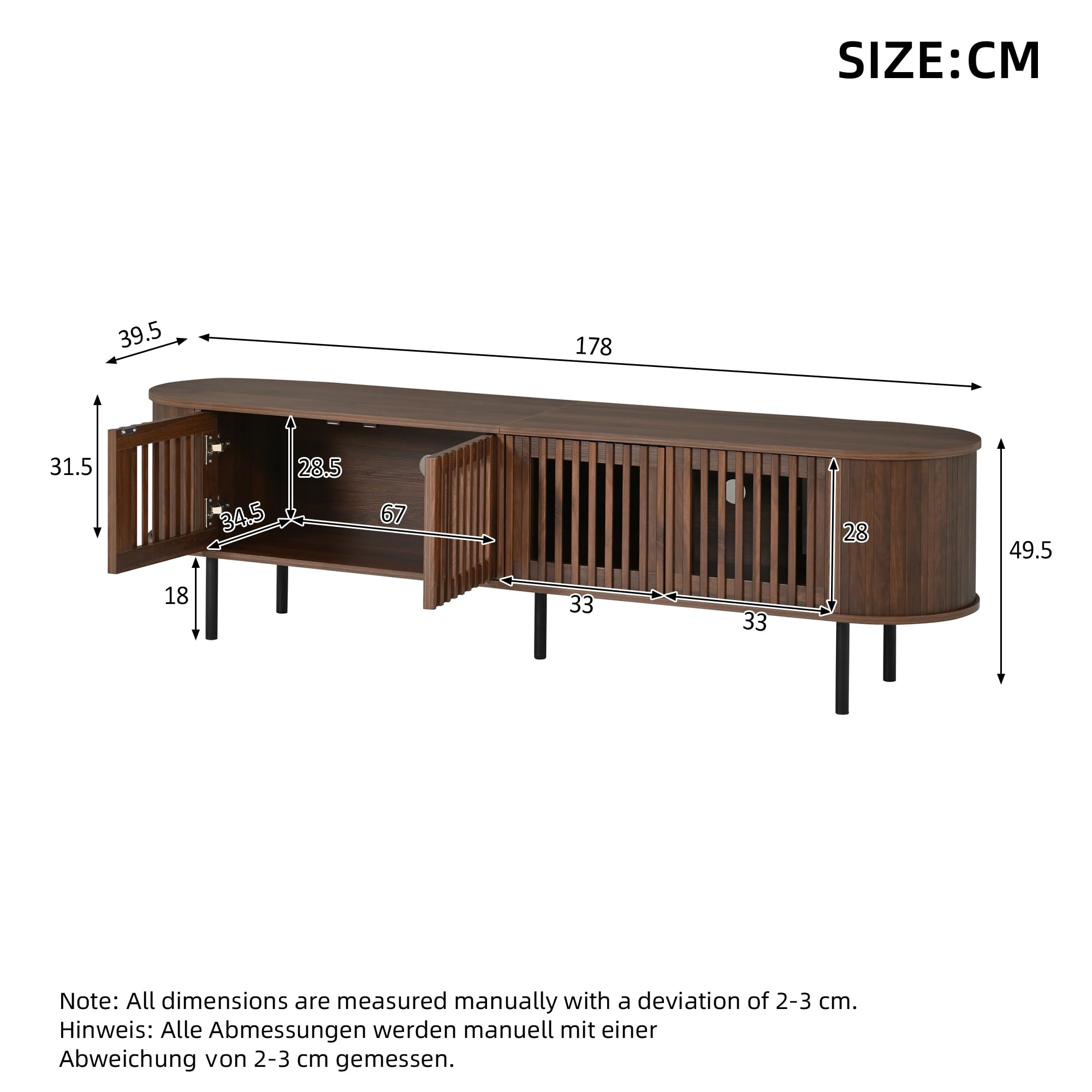 Mueble bajo para TV con 4 puertas, 178 cm, nogal