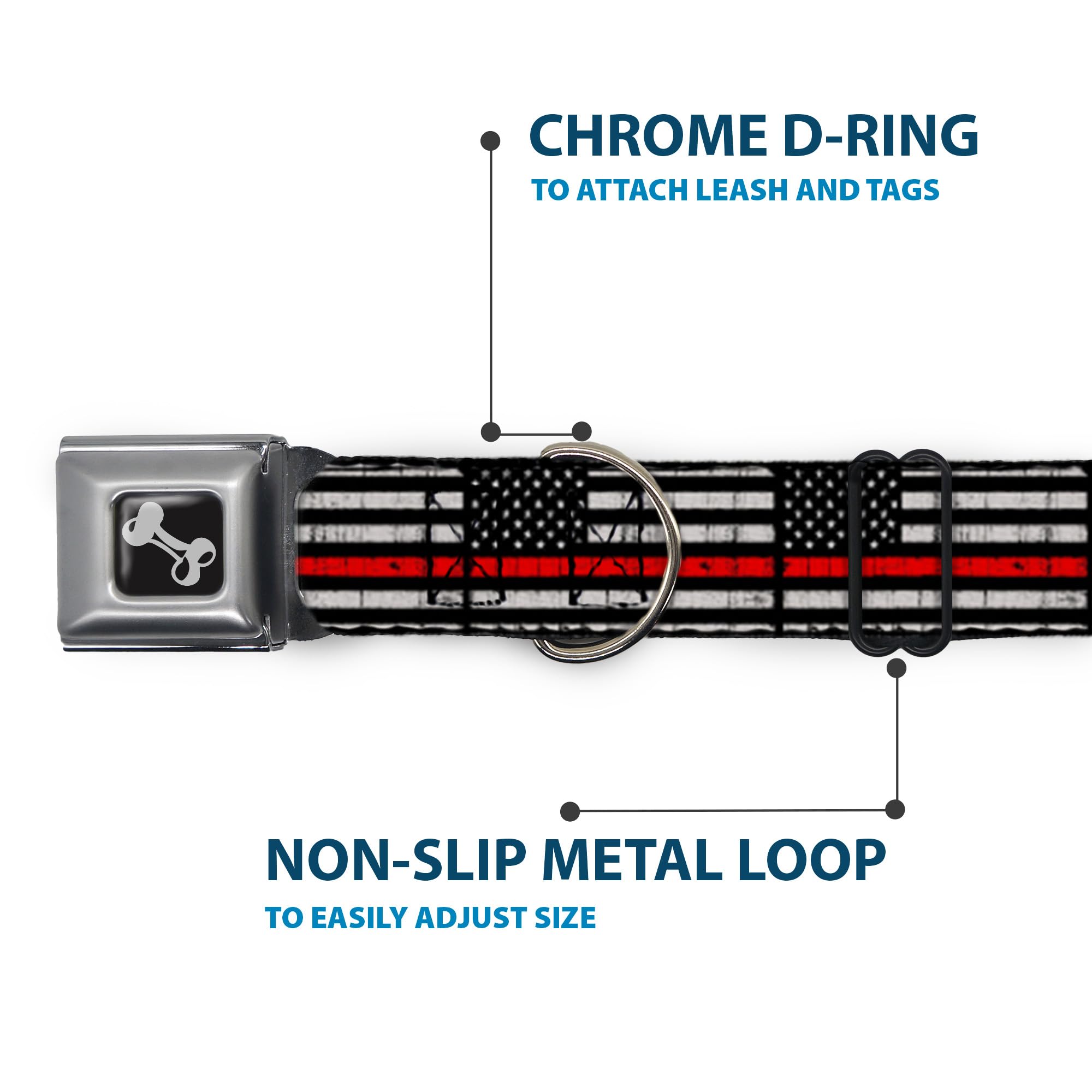 Buckle-Down Boucle de Ceinture de sécurité pour Chien – Ligne Rouge Mince avec Drapeau patiné Noir/Gris/Rouge