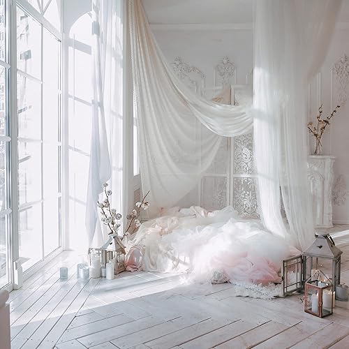 Miniatura 3 de Bufanda blanca transparente para cama, cortinas de tul de 144 pulgadas de largo, cortinas de cama Tessie con cenefa, cortinas de dosel individual