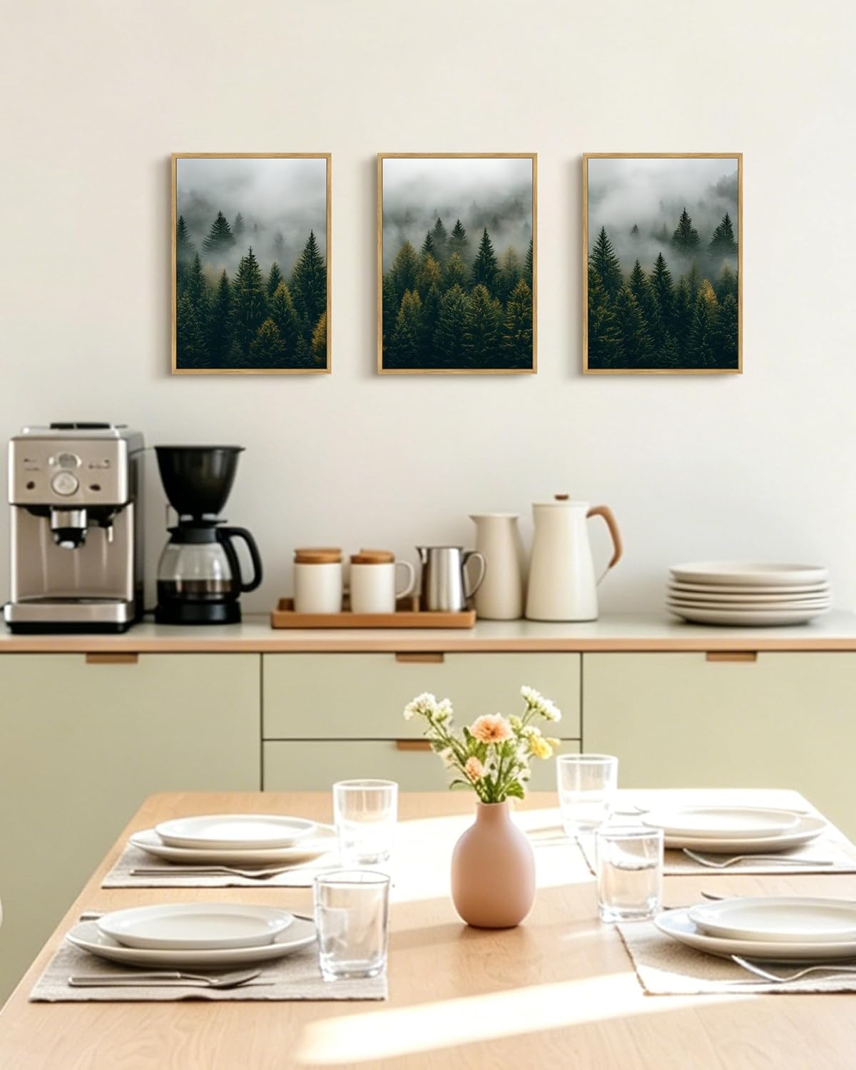 KUVIOKE Green Fog Pine Tree Landscape Framed Wall Art Nature Nordic Misty Forests Prints Morden Farmhouse Bedroom Living Room Ready to Hang 11x14in (Natural Framed)