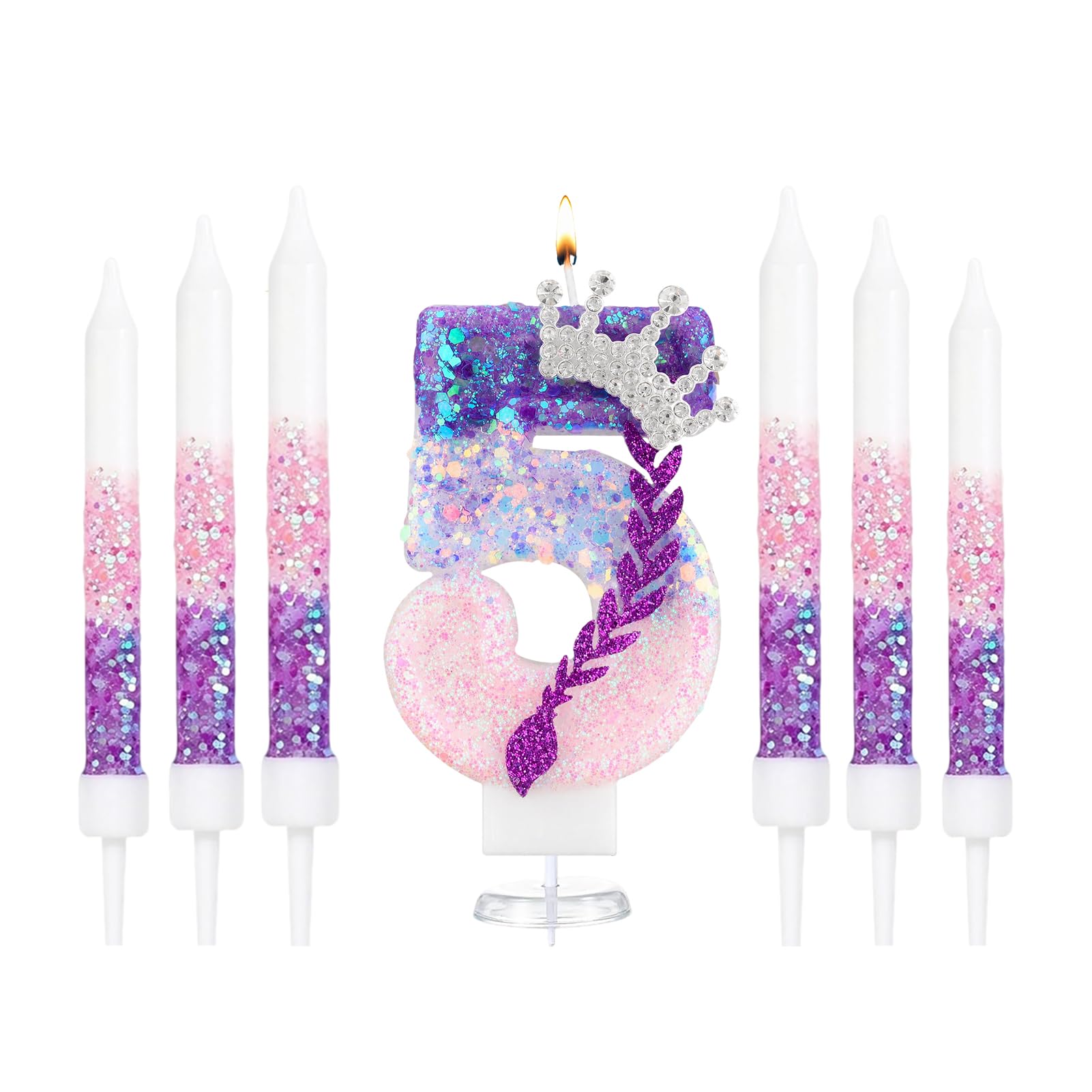 K Pop Number Birthday Candles, Glitter Crown Birthday Candle with 6 Pcs Long Candles, Stylish Kpop Music Themed Cake Topper for Girls Birthday Party Supplies (5 Candle,K Pop)