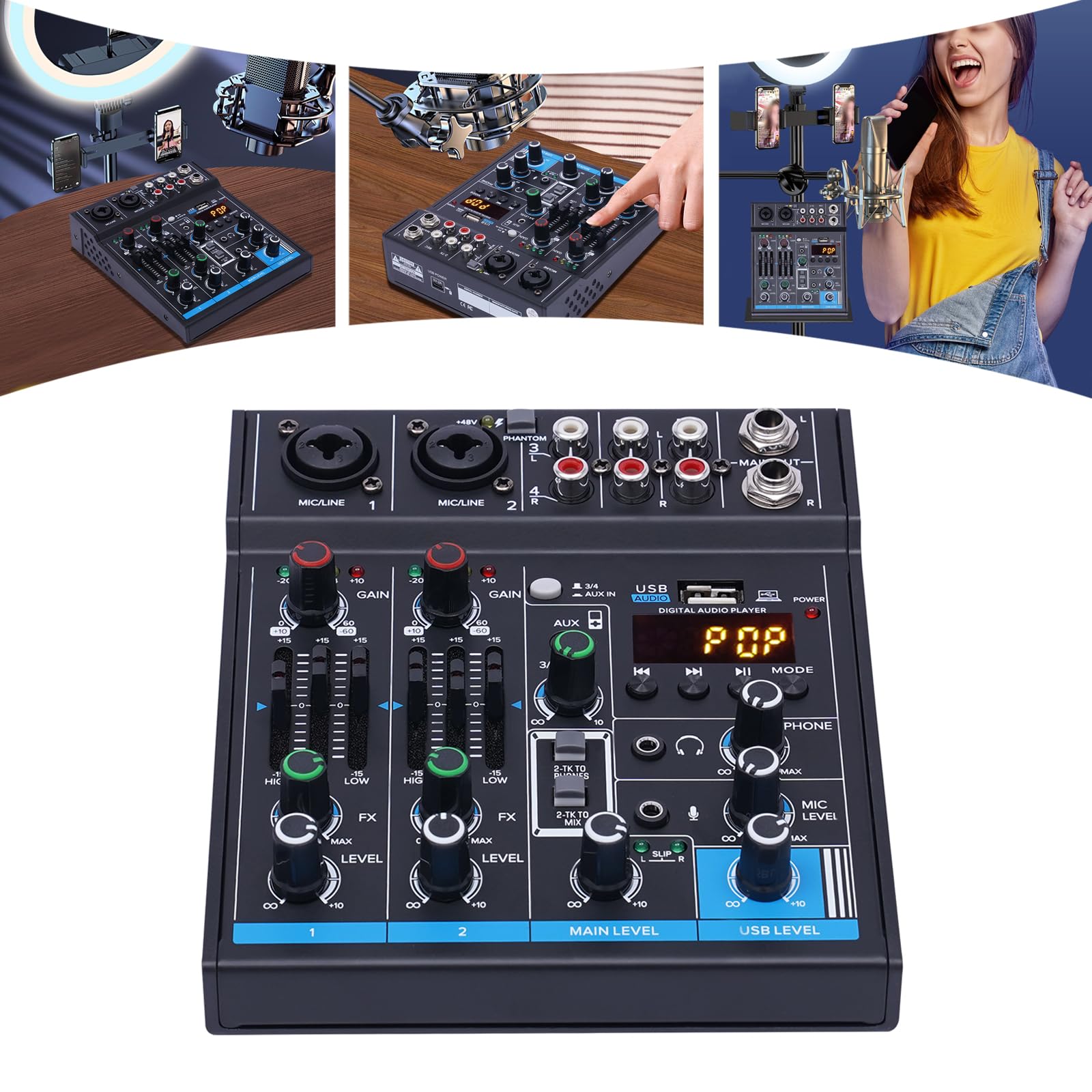 Mini console de mixage stéréo 4 canaux avec USB Bluetooth et puissance Phantom 48 V, mixeur audio DJ Live avec effet Hall pour scène karaoké, KTV à domicile, studios d'enregistrement, streaming en