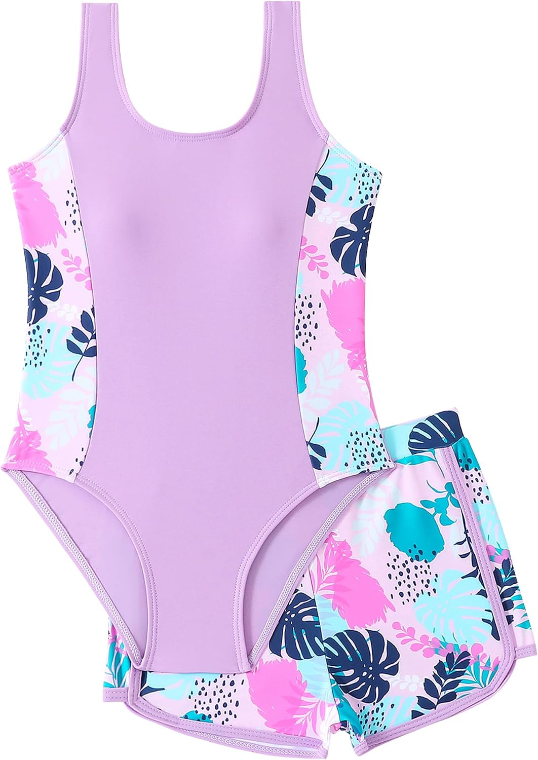 Girls One Piece Swimsuit with Shorts Sleeveless Stretchy Swimwear Sun Protection Padded Bathing Suit 5-14 Years