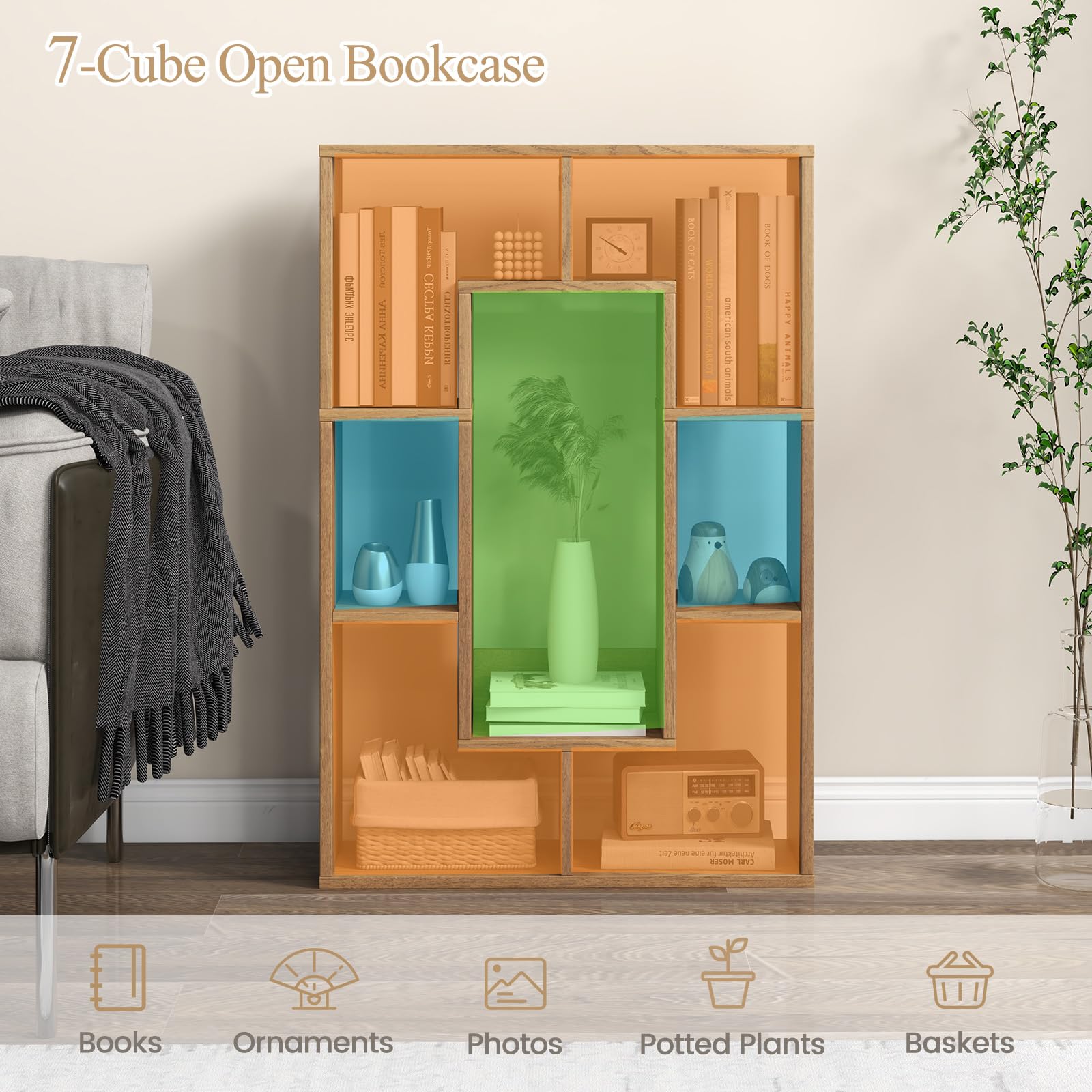 HOMASIS Bibliothèque en Bois à 7 Compartiments, Meuble de Rangement avec Protection Anti-Retournement, Étagère d'angle Séparatrice de Pièces pour Salon, Bureau, Chambre, 60 x 20 x 90 cm (Naturel)