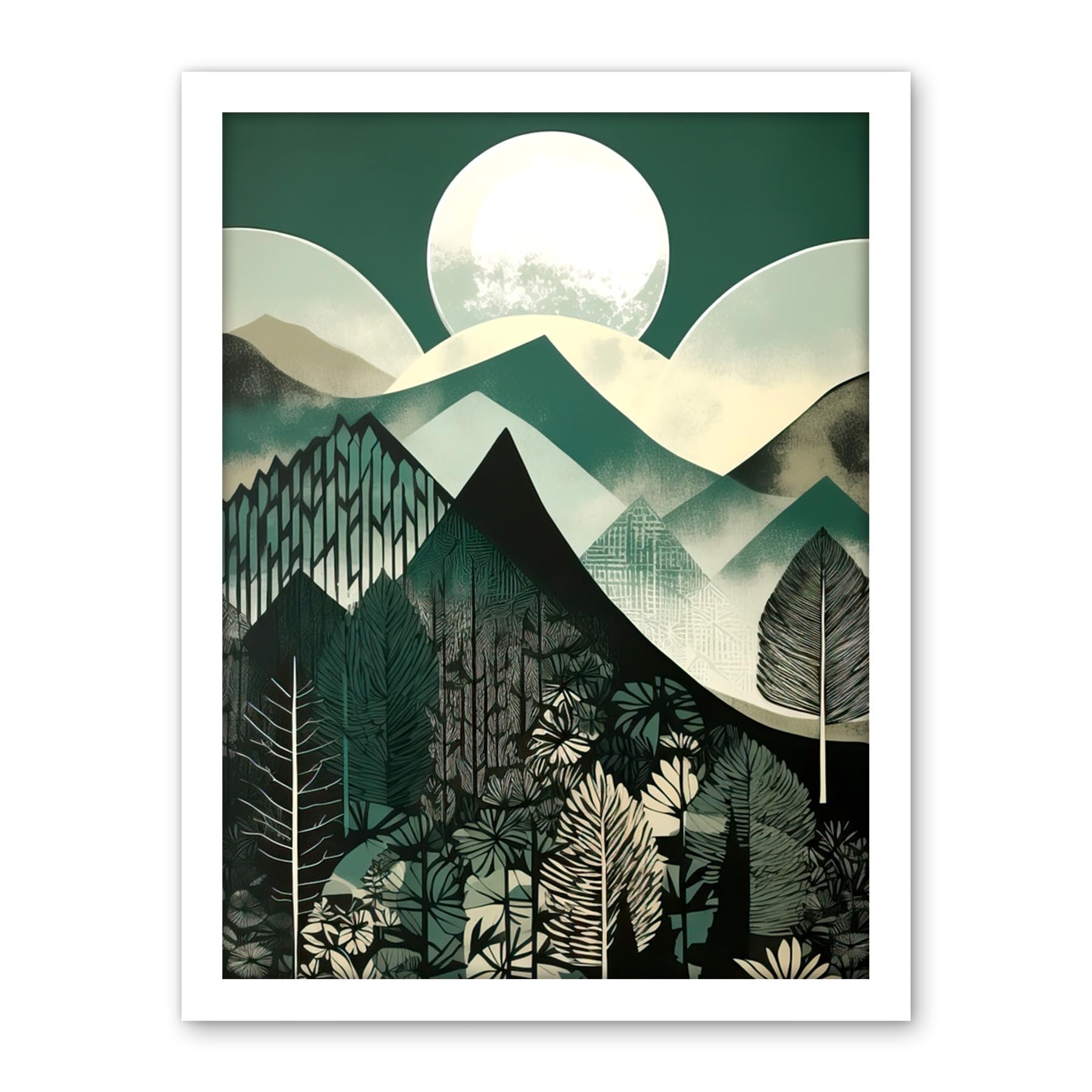 Artery8 Full Moon Over Mountain Forest Linocut Mid Century Sage Green Moonlit Landscape Artwork Framed Wall Art Print 18X24 Inch