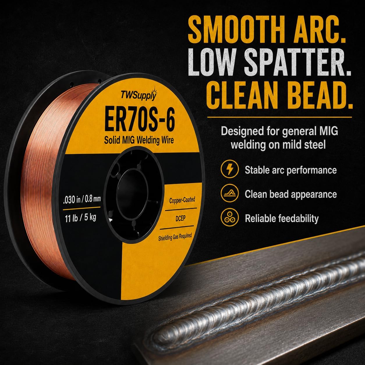 ER70S-6 .030" x 11 lb Spool MIG Welding Wire, Copper Coated Solid Mild Steel GMAW Wire Compatible With Lincoln, Miller, Forney & Harbor Freight Welders, Low Spatter