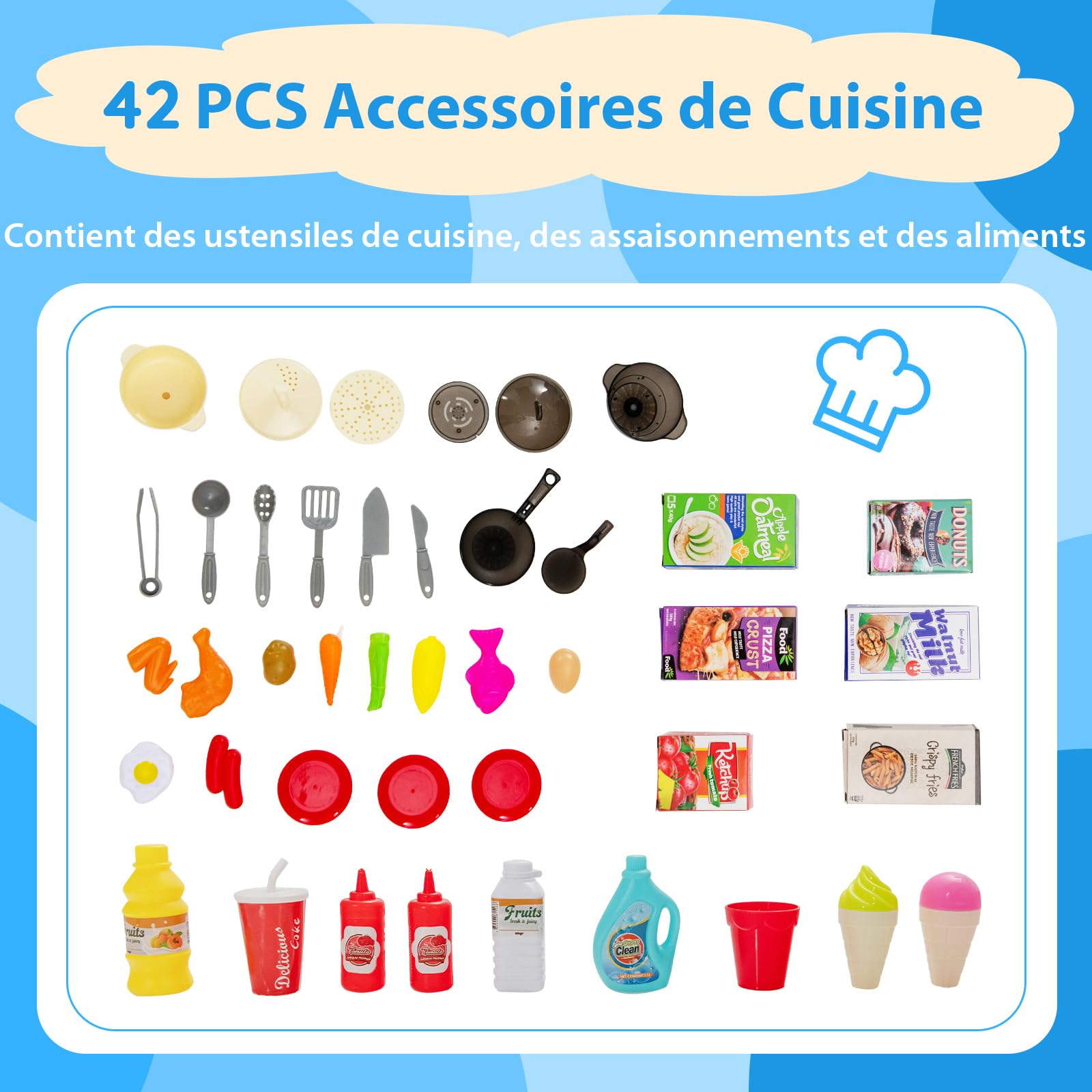 COSTWAY 42 Pcs Cuisine Enfants avec Effets de Vapeur & d'Ebullition, Jeux de Cuisine Enfants avec Lumières et Sons Réalistes, Jouet d’Imitation pour Enfants de 3 Ans+, 64,5 x 24 x 83 cm (Bleu.)