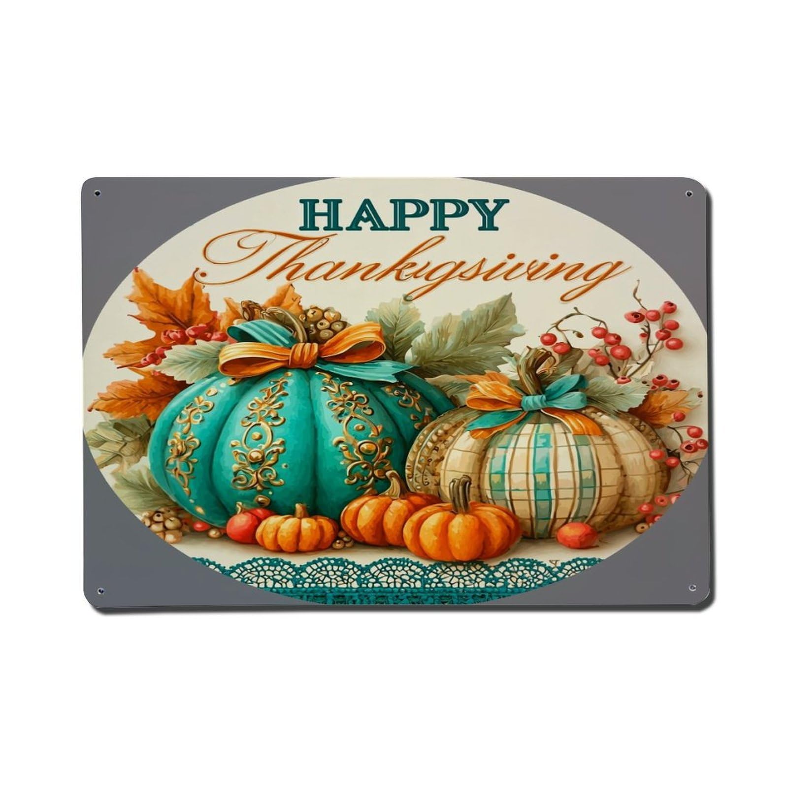 Happy Thanksgiving Pumpkin Leaves Berries Retro Metal Tin Sign, Vintage Decor Art Poster for Bar, Home, Man Cave, Kitchen, Laundry Room Gift 8x12Inch