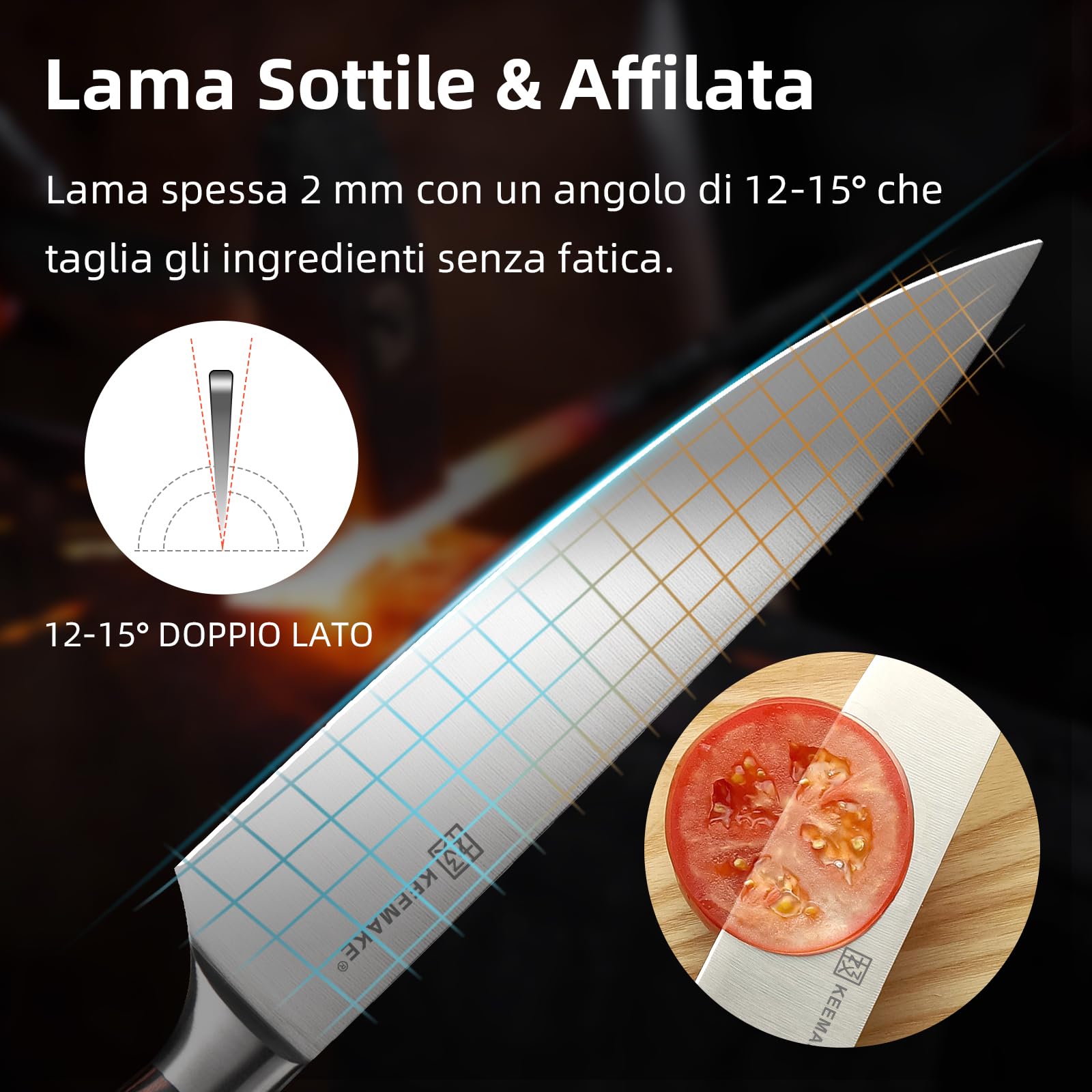 KEEMAKE Set Coltelli da Cucina Professionali - Coltelli da Cucina in Acciaio Inossidabile 5 pezzi, Spelucchino Coltello Santoku Chef Pane Universale, Manico in Pakkawood