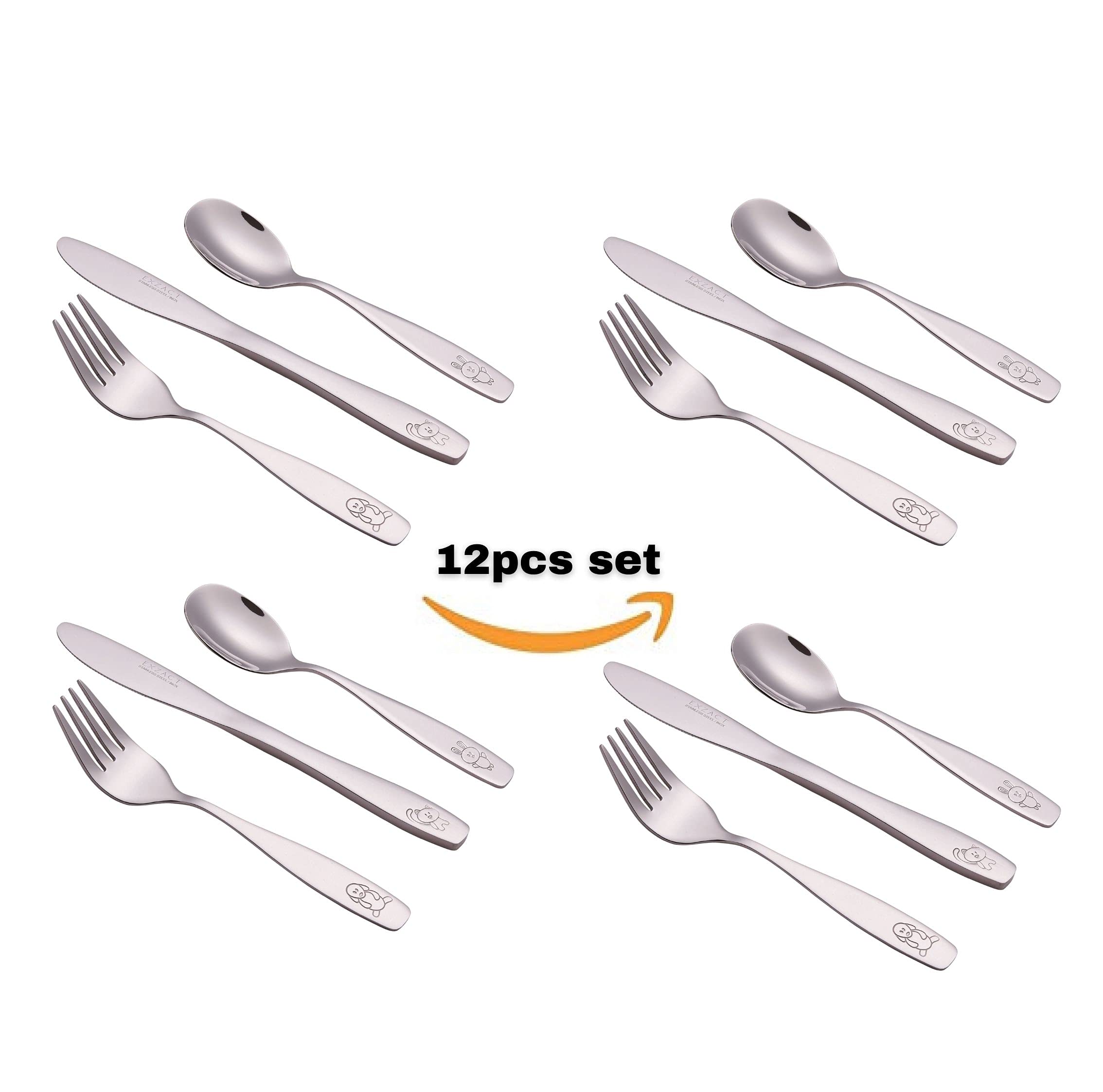 Exzact Posate per Bambini 12 Pezzi in Acciaio Inox - 4 x forchetta, 4 x coltelli, 4 x Cucchiai Cena