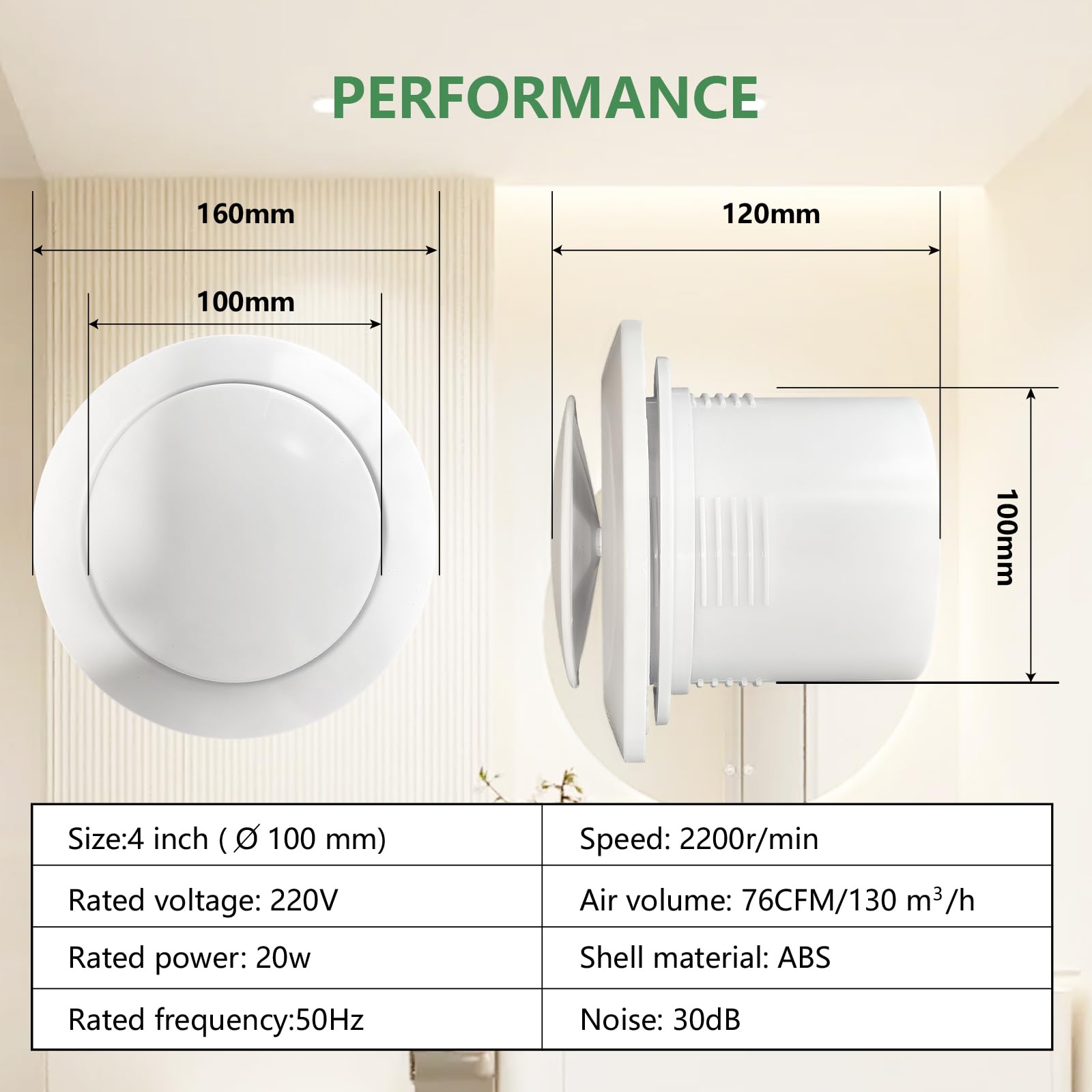 Ventilatore bagno 100 mm, Silenzioso Aspiratore bagno, Estrattore aria 130m³/h, Per Bagno,Wc,Cucina,Garage, Ventola aspirazione Vortice Basso Consumo Energetico Con Valvola di Ritegno (4 inch)