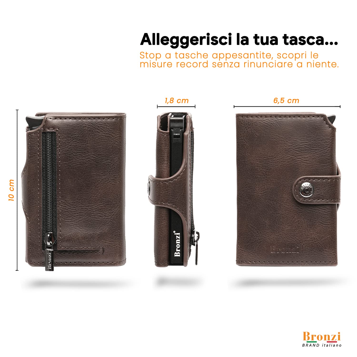 Bronzi Portafoglio Portafoglio Uomo Slim - In Pelle Marrone - Porta Carte Credito - Portacarte uomo - Mini Porta Tessere (Marrone)