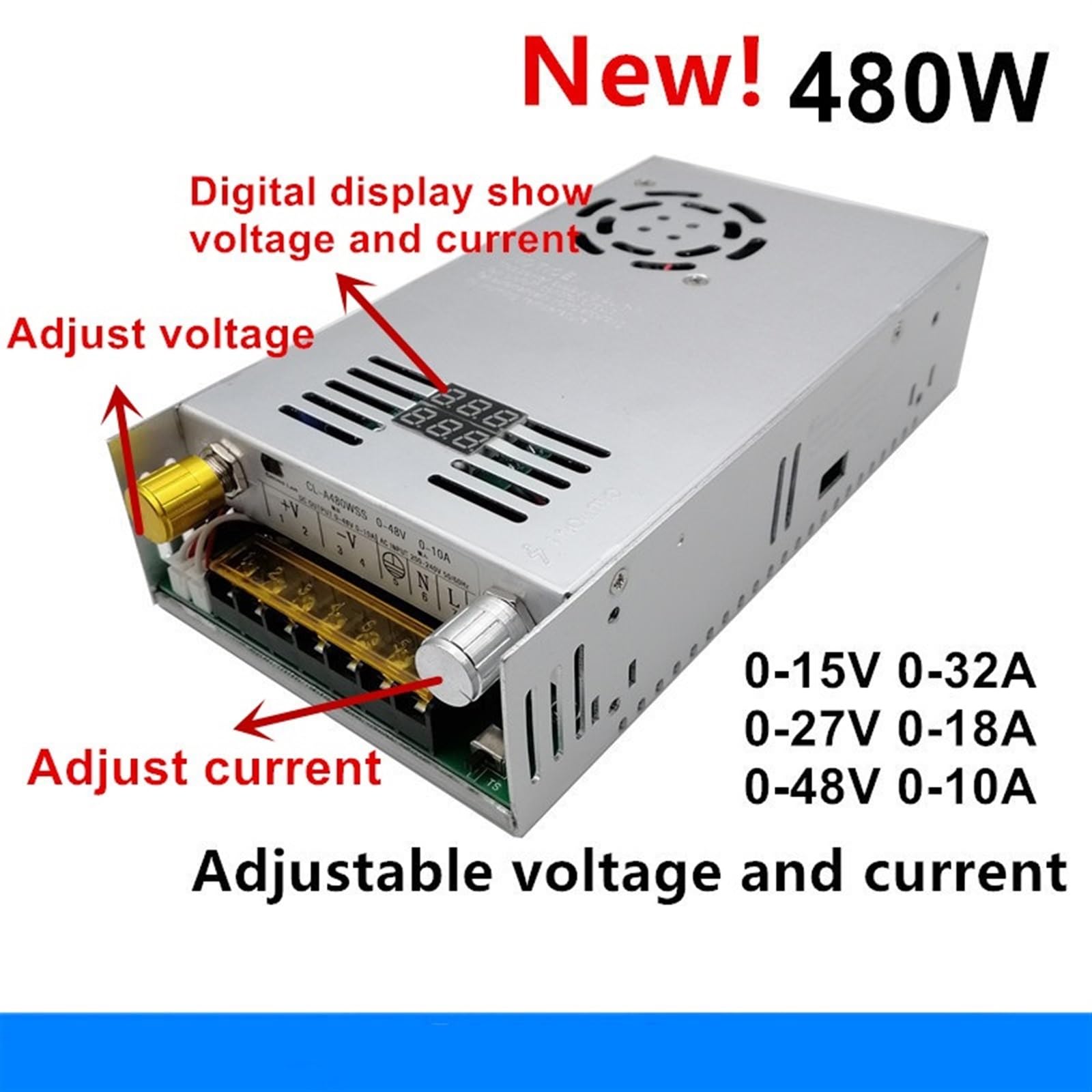 Regulowany zasilacz impulsowy 480W z wyświetlaczem cyfrowym do LED DC 0-15 V 24 V 27 V 36 V 48 V 80 V 60 V 1 szt. (220 V, 0-27 V, 18 A)